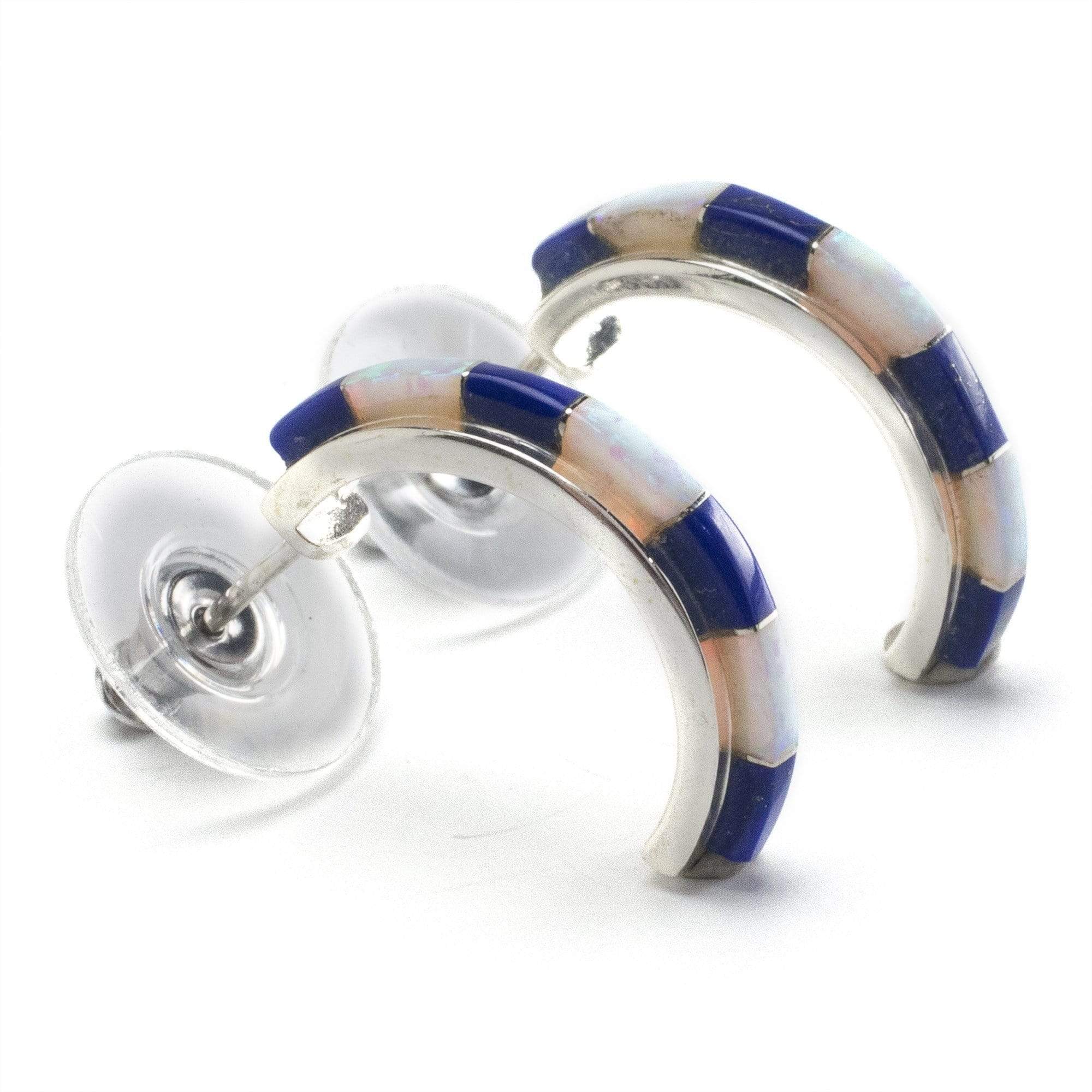 Kalifano Southwest Silver Jewelry Lapis Semi Hoop 925 Sterling Silver Earring USA Handmade with Opal Accent NME.0612.LP