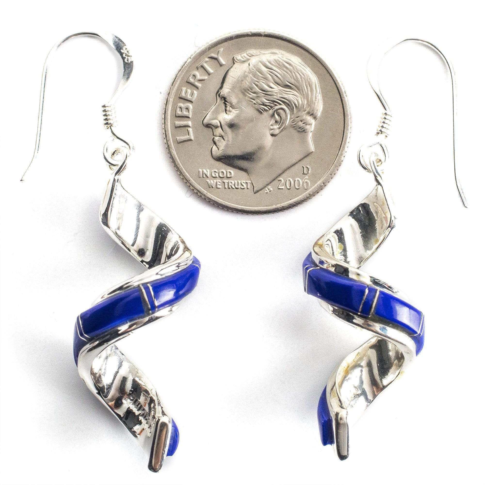 Kalifano Southwest Silver Jewelry Lapis Spiral 925 Sterling Silver Earring with French Hook USA Handmade with Opal Accent NME.0633.LP