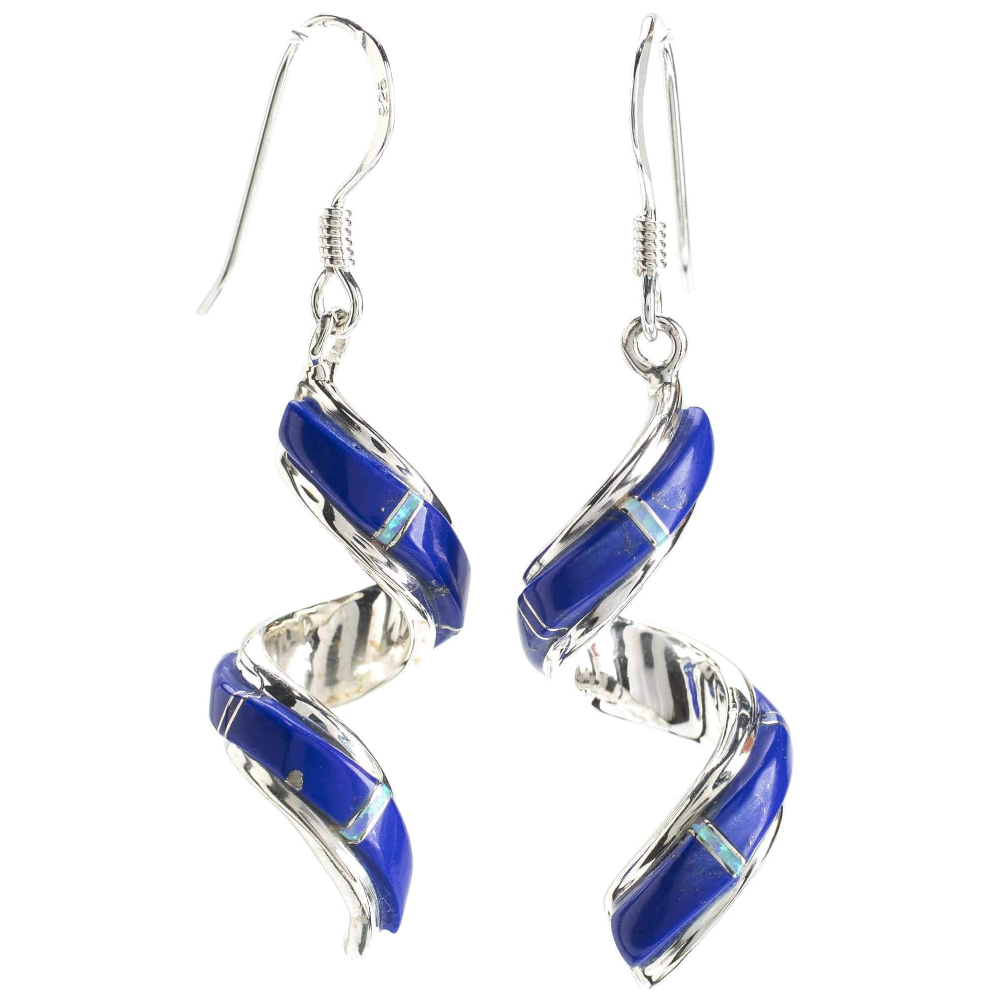 Kalifano Southwest Silver Jewelry Lapis Spiral 925 Sterling Silver Earring with French Hook USA Handmade with Opal Accent NME.0633.LP