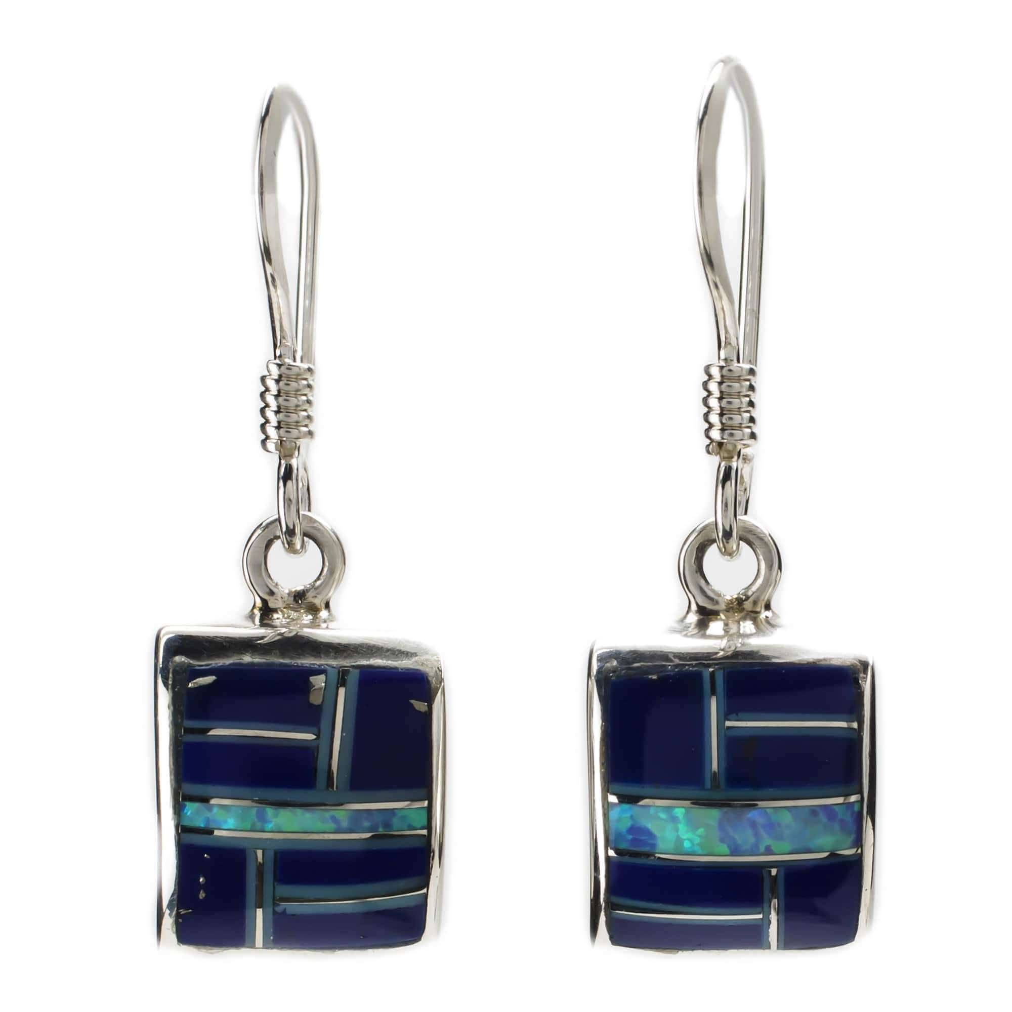 Kalifano Southwest Silver Jewelry Lapis Square 925 Sterling Silver Earring with French Hook USA Handmade with Aqua Opal Accent NME.1116.LP