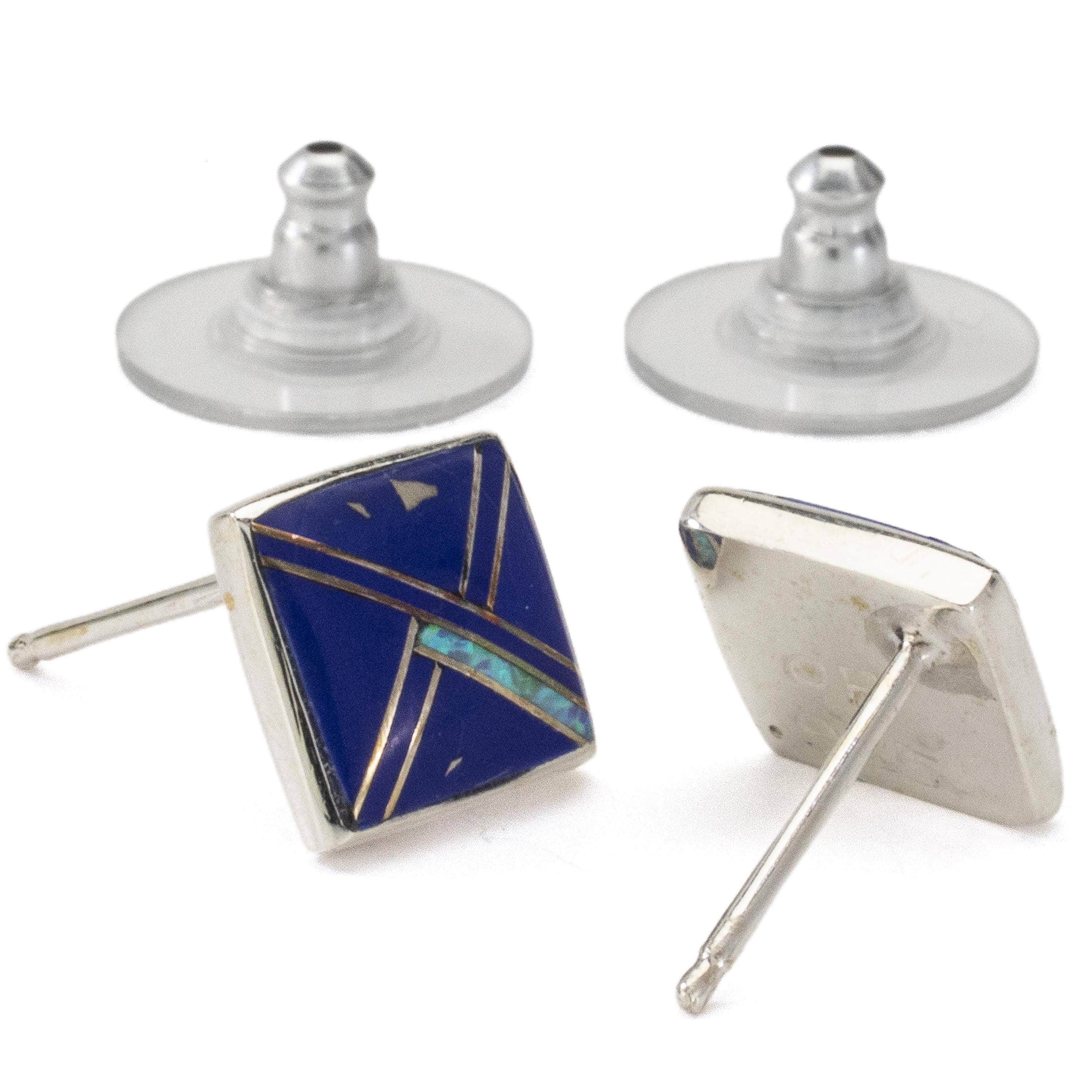 Kalifano Southwest Silver Jewelry Lapis Square Earrings Handmade with Sterling Silver and Opal Accent NME.2263.LP