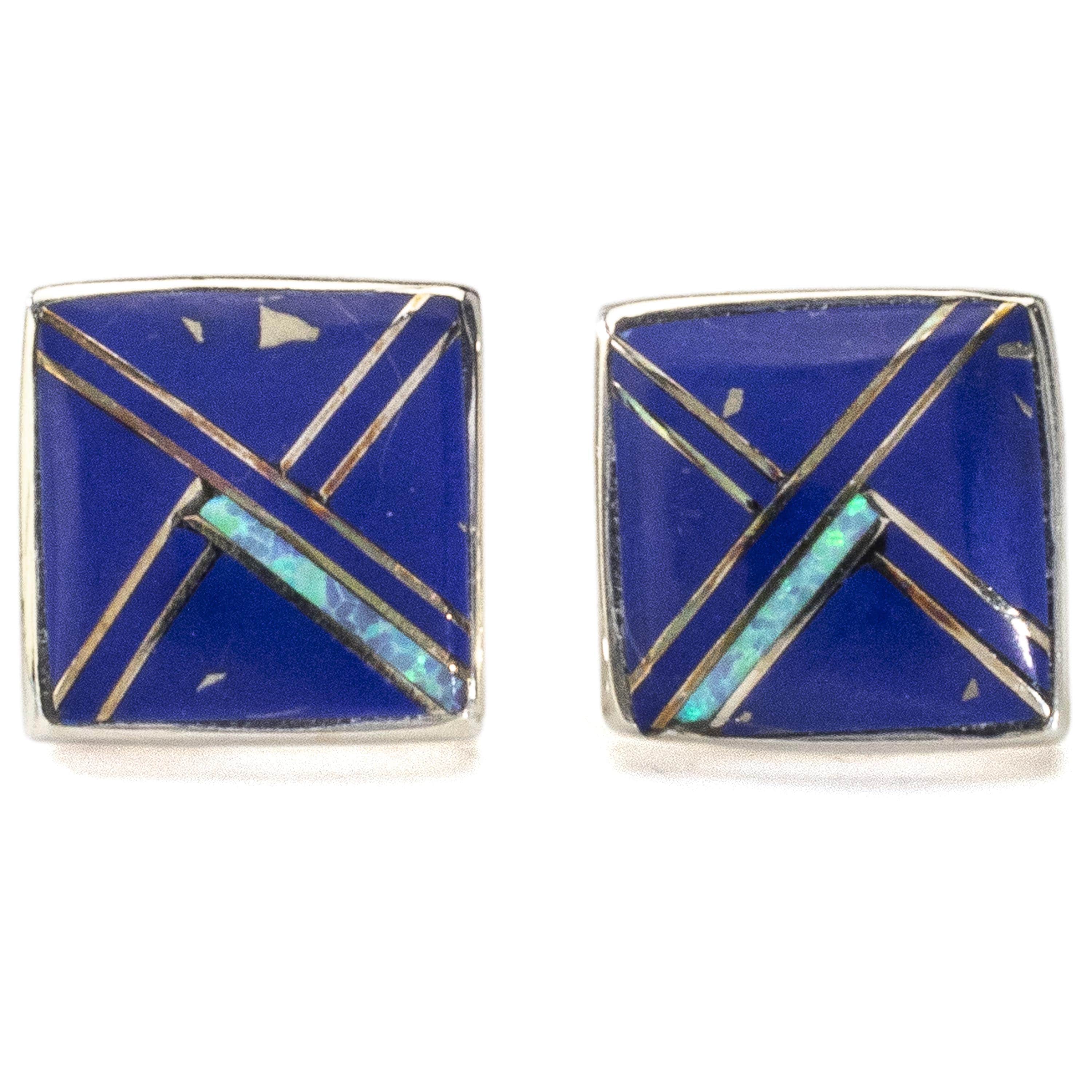 Kalifano Southwest Silver Jewelry Lapis Square Earrings Handmade with Sterling Silver and Opal Accent NME.2263.LP