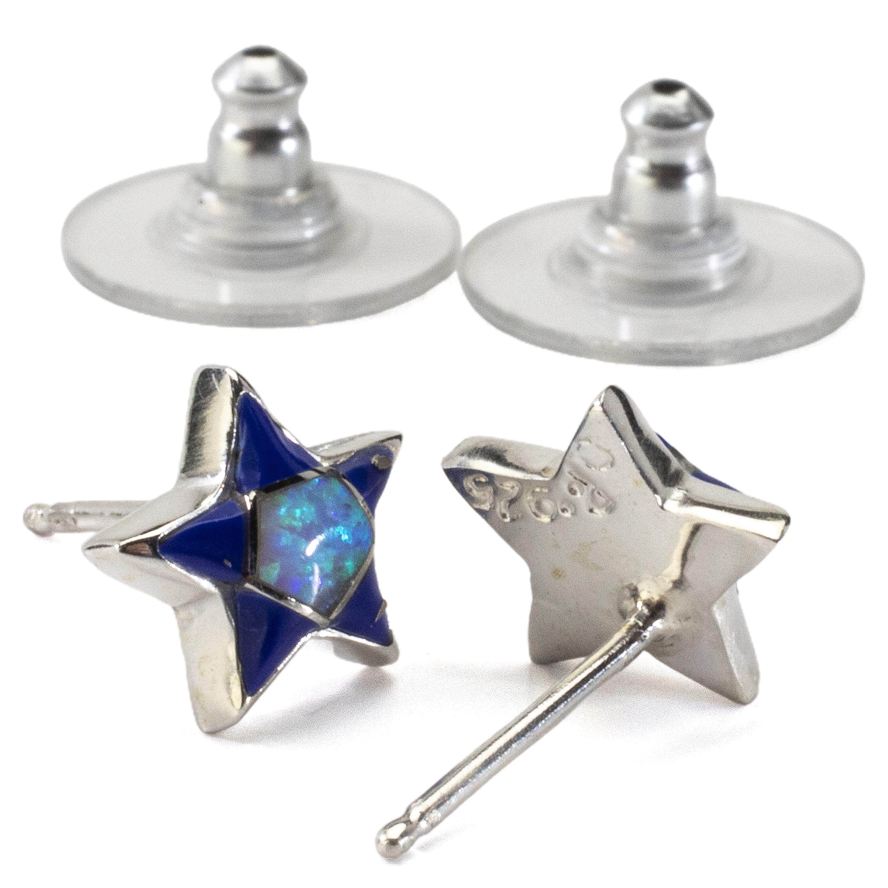 Kalifano Southwest Silver Jewelry Lapis Star Earrings Handmade with Sterling Silver and Opal Accent NME.2243.LP