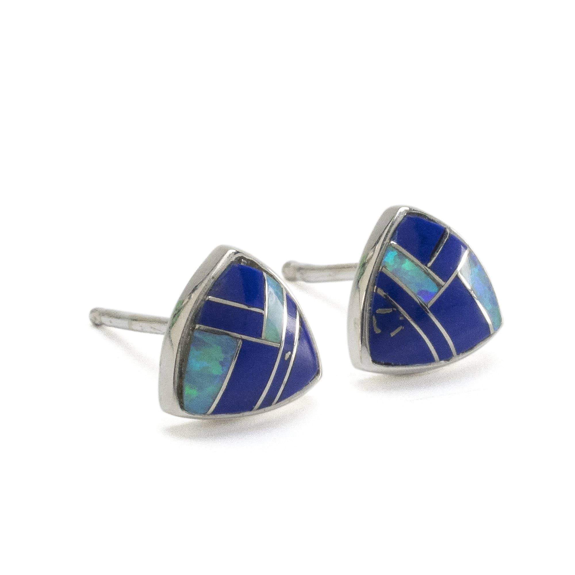 Kalifano Southwest Silver Jewelry Lapis Triangle 925 Sterling Silver Earring with Stud Backing USA Handmade with Opal Accent NME.2242.LP