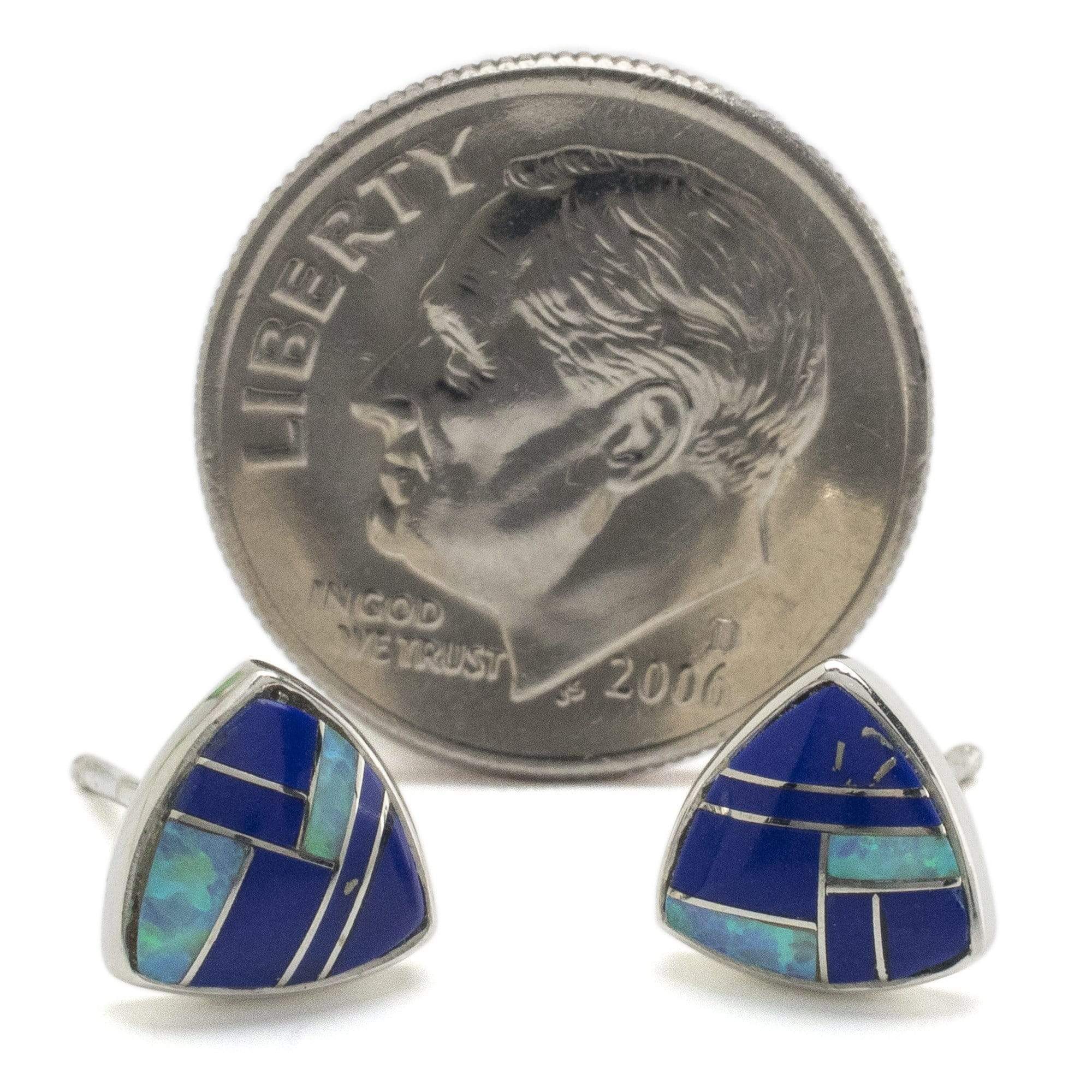 Kalifano Southwest Silver Jewelry Lapis Triangle 925 Sterling Silver Earring with Stud Backing USA Handmade with Opal Accent NME.2242.LP