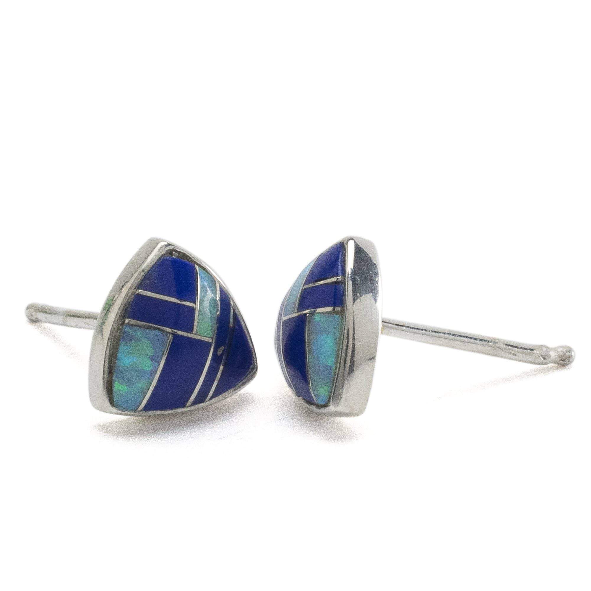 Kalifano Southwest Silver Jewelry Lapis Triangle 925 Sterling Silver Earring with Stud Backing USA Handmade with Opal Accent NME.2242.LP