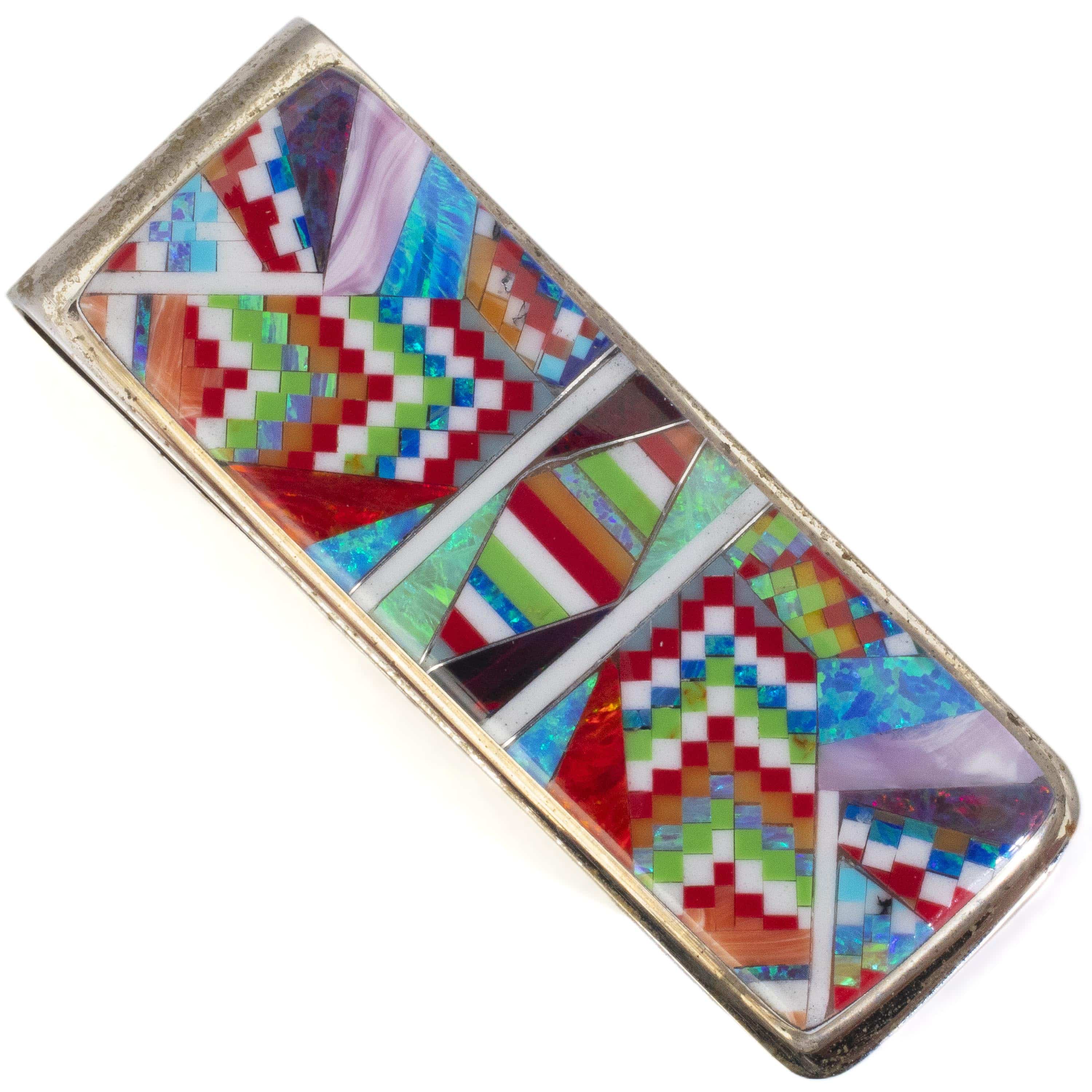 KALIFANO Southwest Silver Jewelry Multi Gem Opal Micro Inlay Handmade 925 Sterling Silver Money Clip AKMC200.001