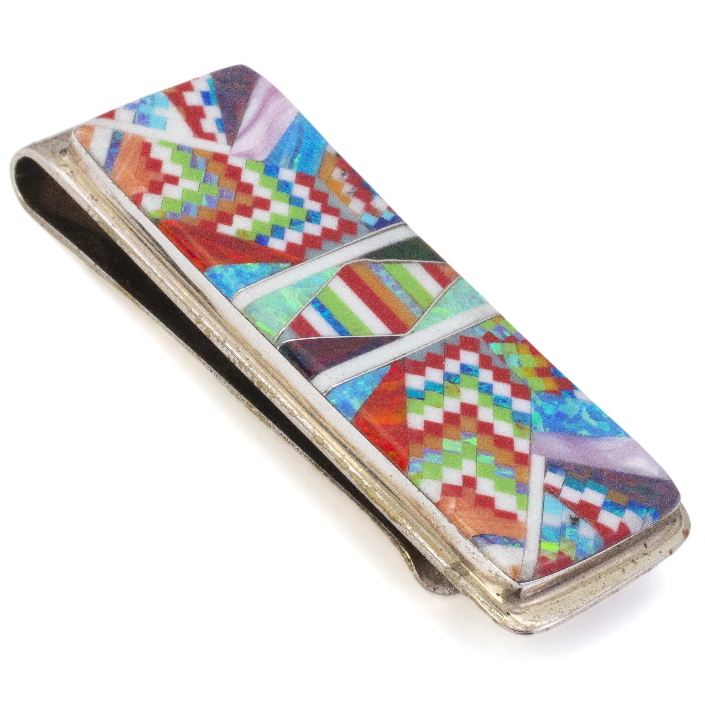 KALIFANO Southwest Silver Jewelry Multi Gem Opal Micro Inlay Handmade 925 Sterling Silver Money Clip AKMC200.001