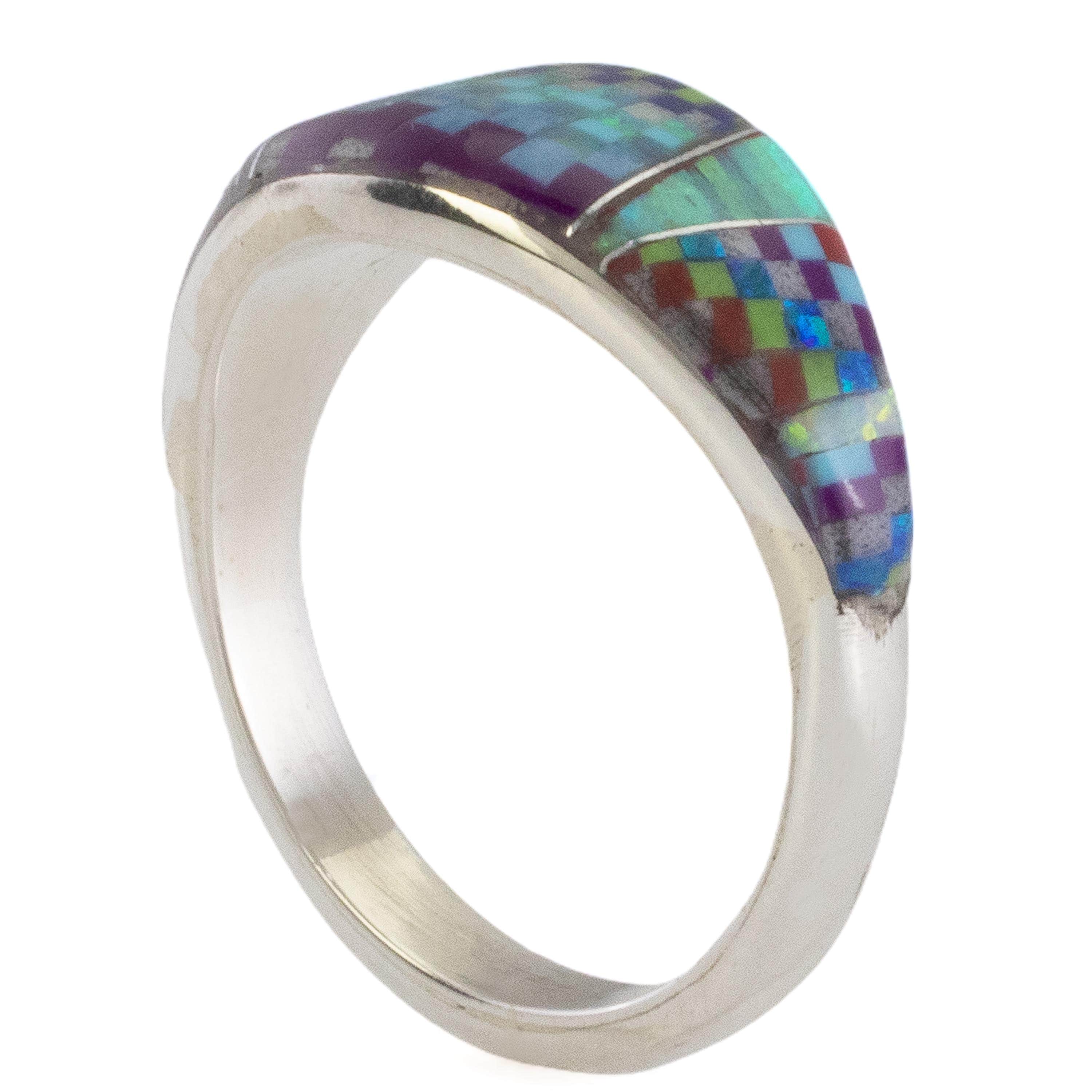 Kalifano Southwest Silver Jewelry Multi Gem Opal Micro Inlay Handmade 925 Sterling Silver Ring