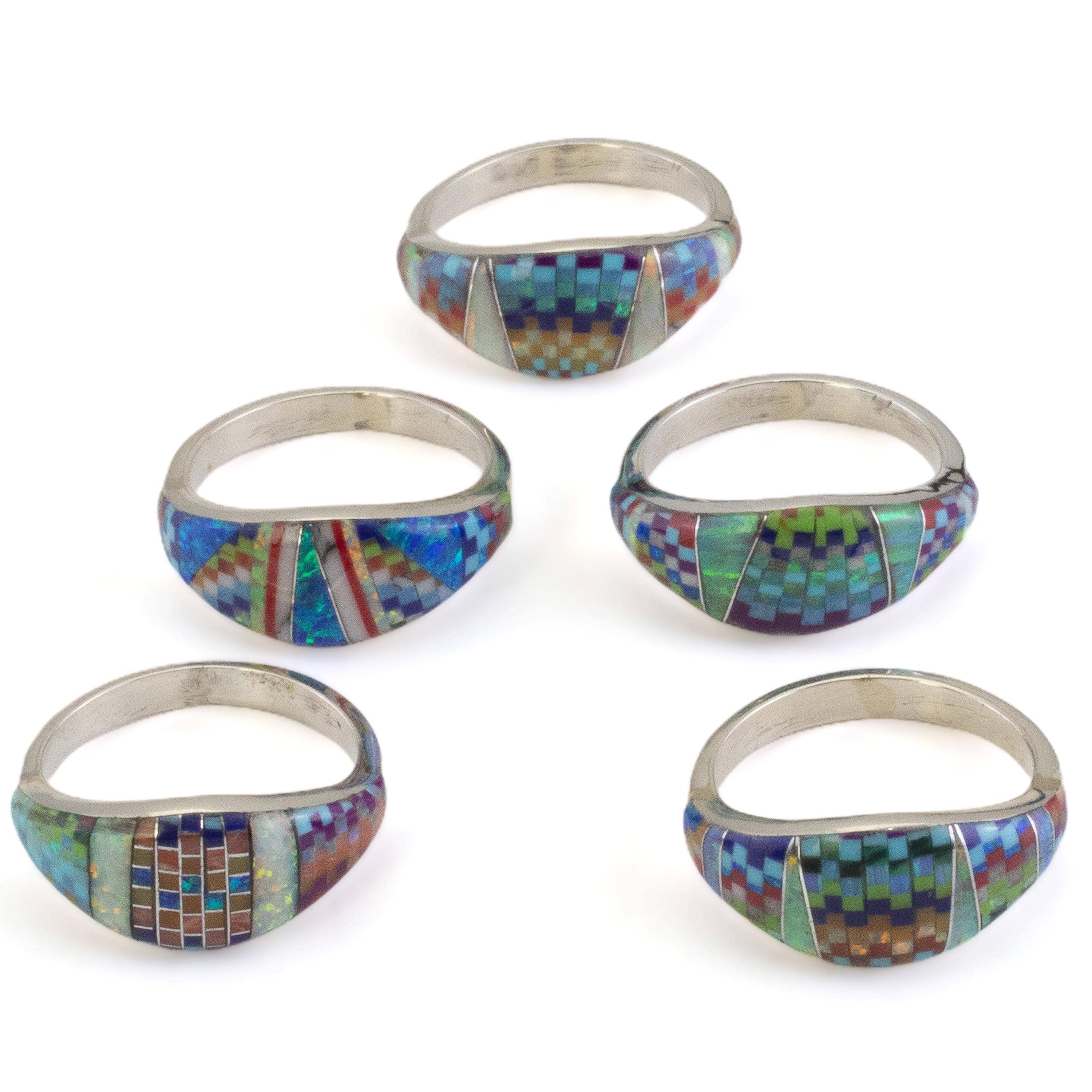 Kalifano Southwest Silver Jewelry Multi Gem Opal Micro Inlay Handmade 925 Sterling Silver Ring