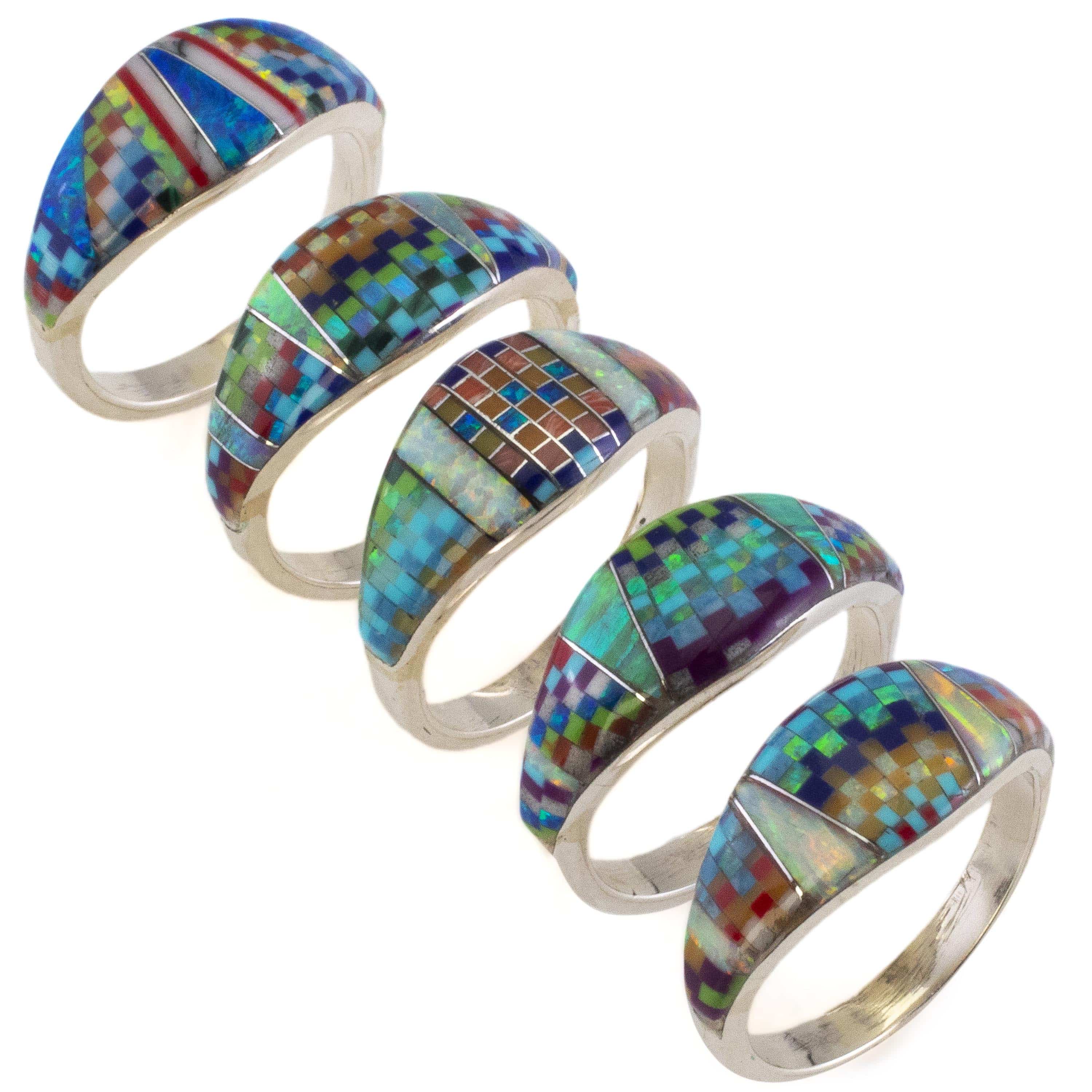 Kalifano Southwest Silver Jewelry Multi Gem Opal Micro Inlay Handmade 925 Sterling Silver Ring