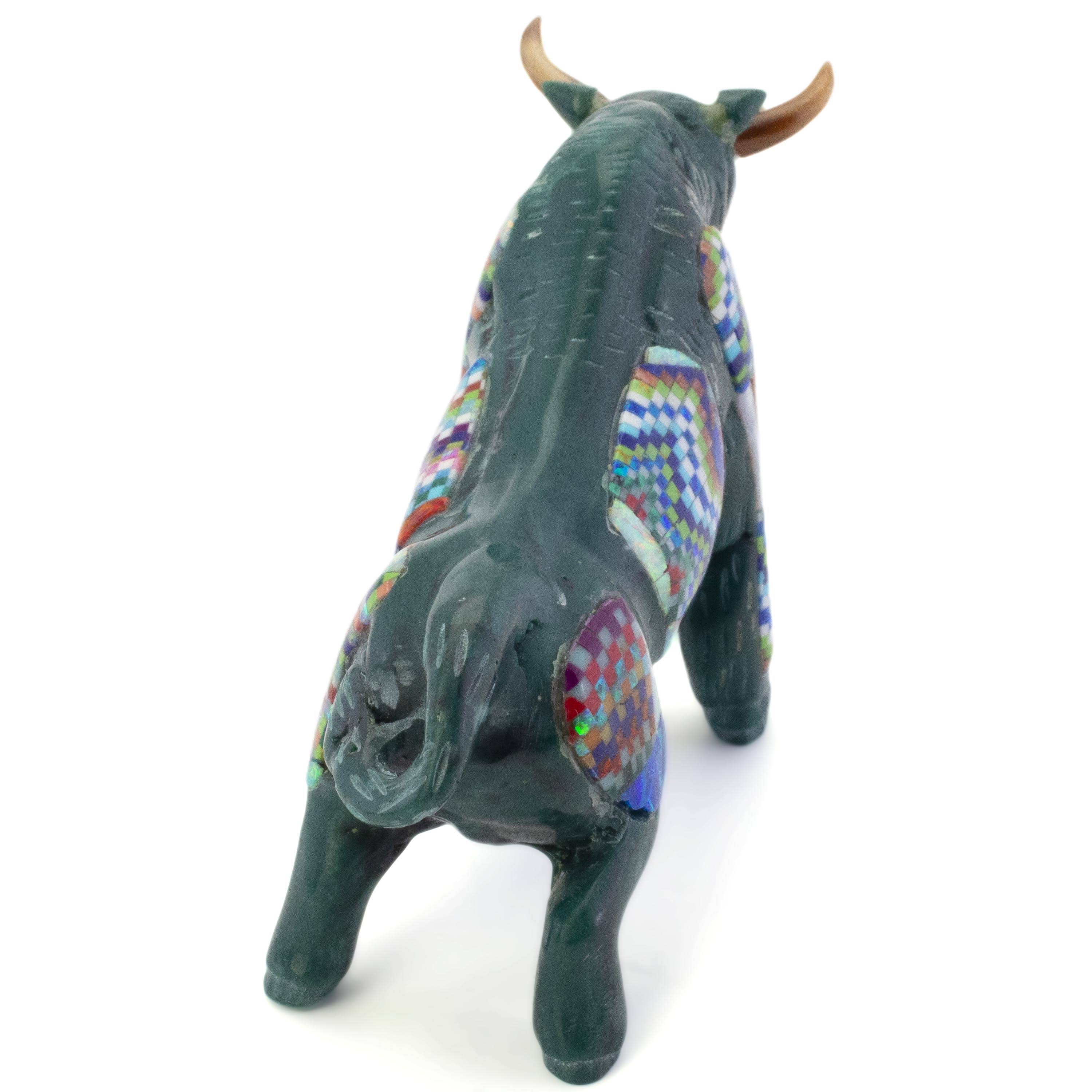 KALIFANO Southwest Silver Jewelry Multi Gem Opal Micro Inlay Handmade Green Enhanced Turquoise Bull Carving AKC800.001