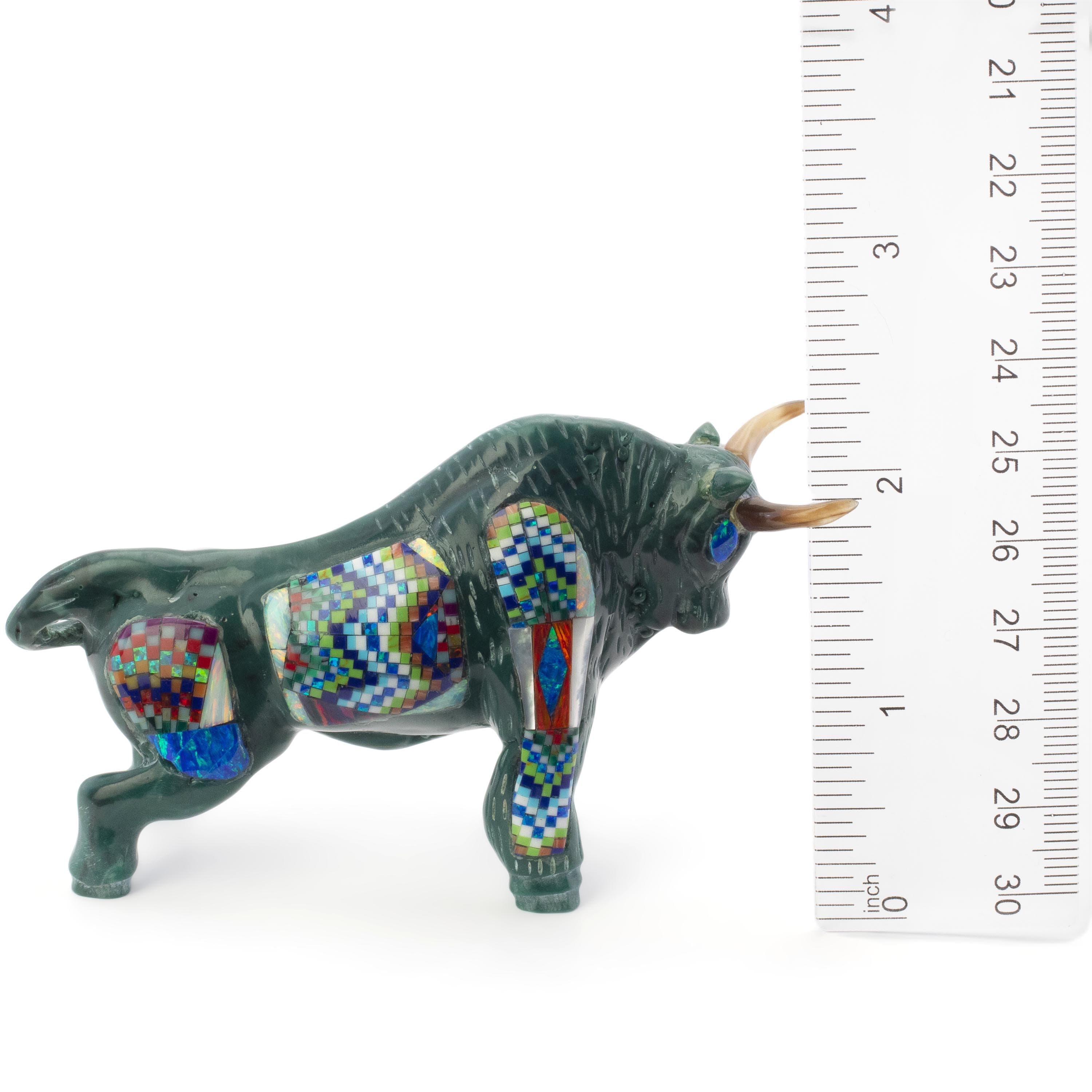 KALIFANO Southwest Silver Jewelry Multi Gem Opal Micro Inlay Handmade Green Enhanced Turquoise Bull Carving AKC800.001