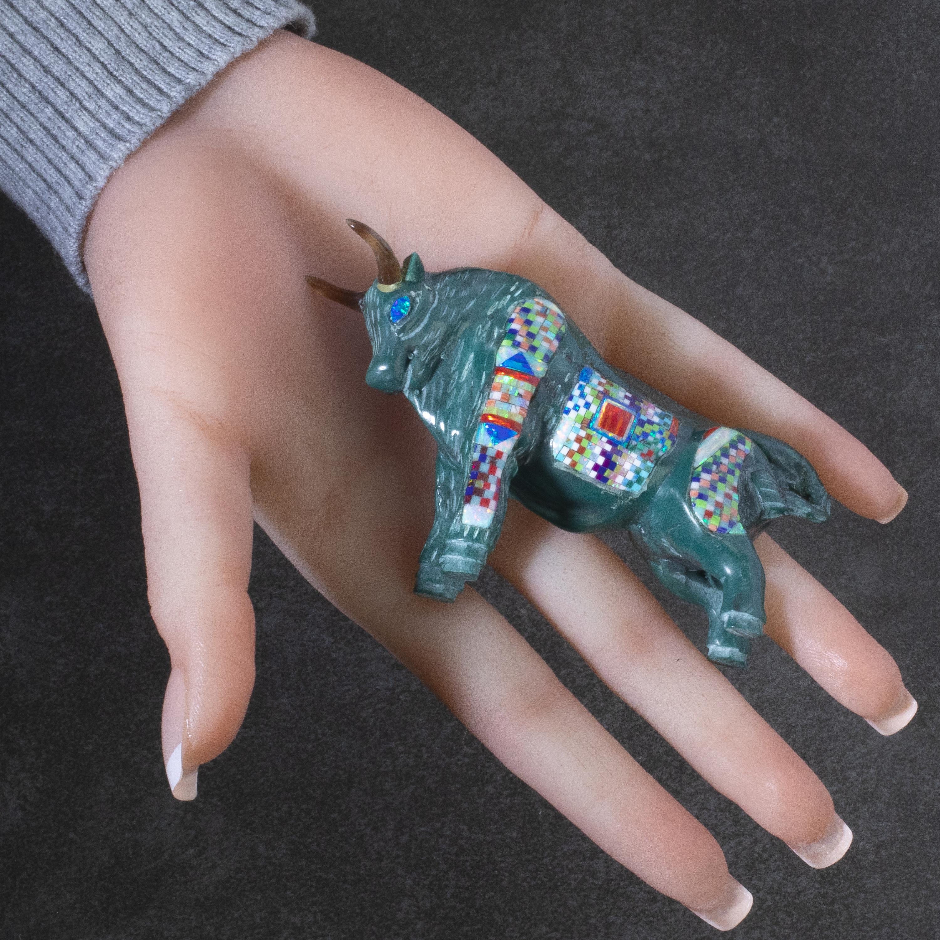 KALIFANO Southwest Silver Jewelry Multi Gem Opal Micro Inlay Handmade Green Enhanced Turquoise Bull Carving AKC800.001