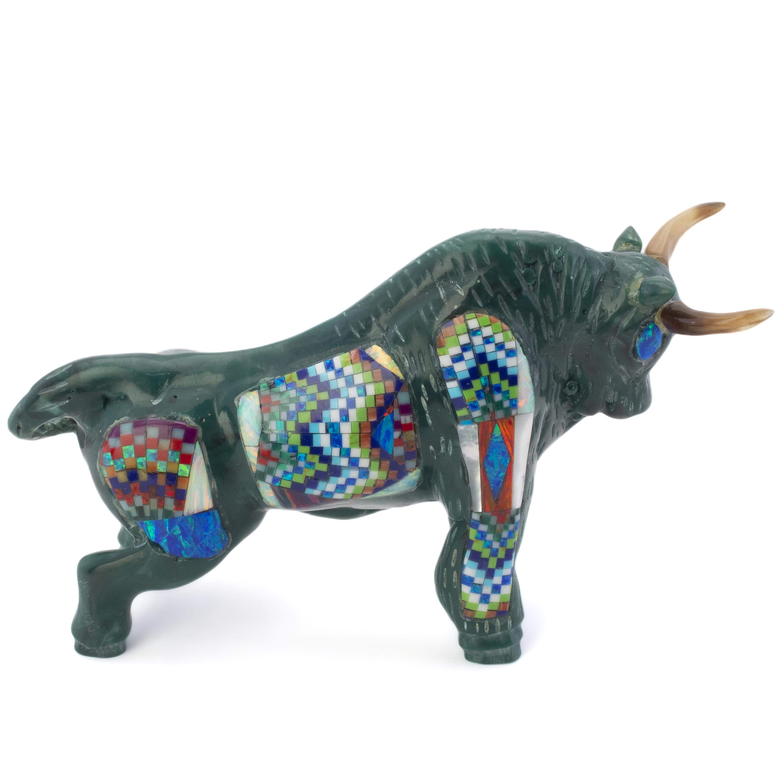 KALIFANO Southwest Silver Jewelry Multi Gem Opal Micro Inlay Handmade Green Enhanced Turquoise Bull Carving AKC800.001