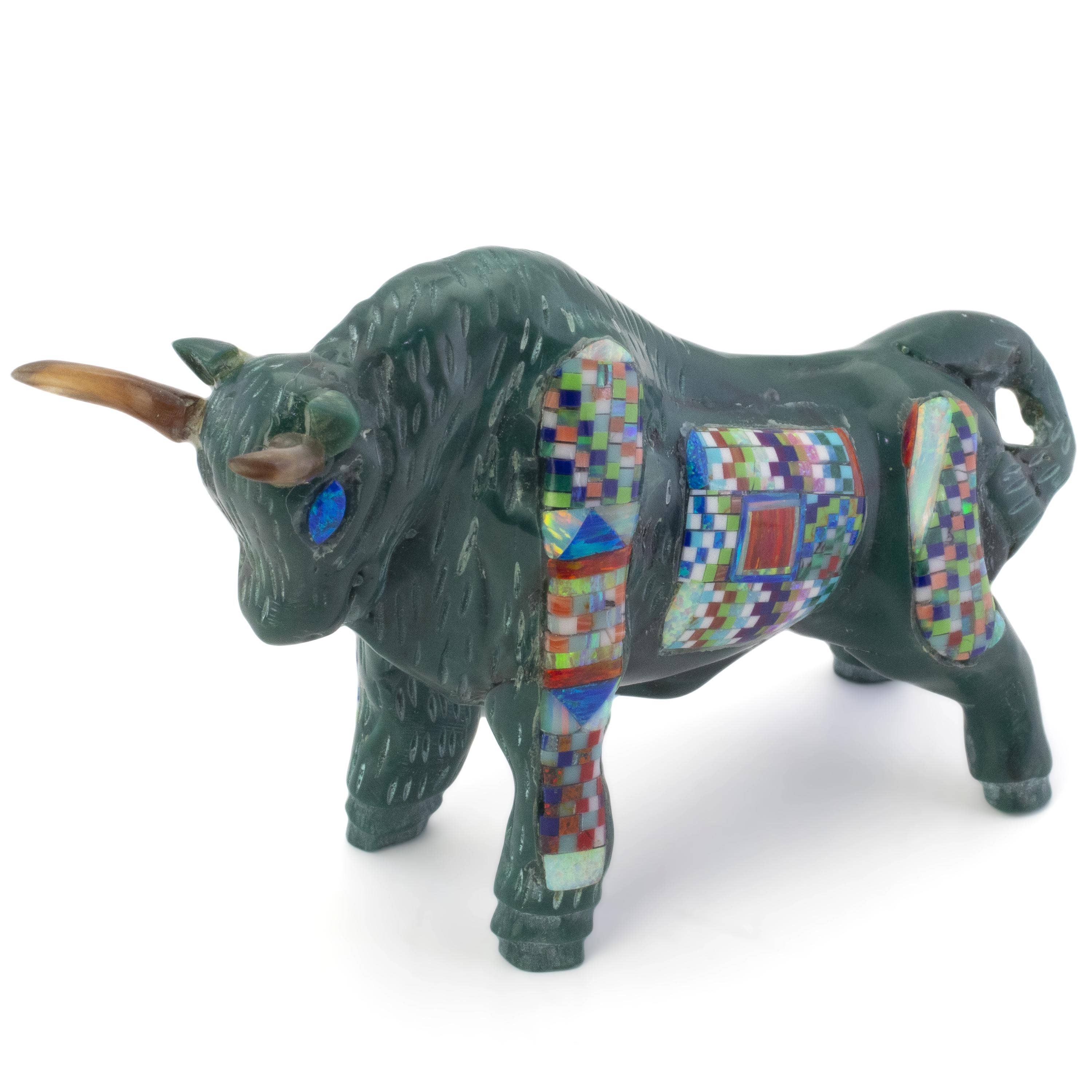 KALIFANO Southwest Silver Jewelry Multi Gem Opal Micro Inlay Handmade Green Enhanced Turquoise Bull Carving AKC800.001