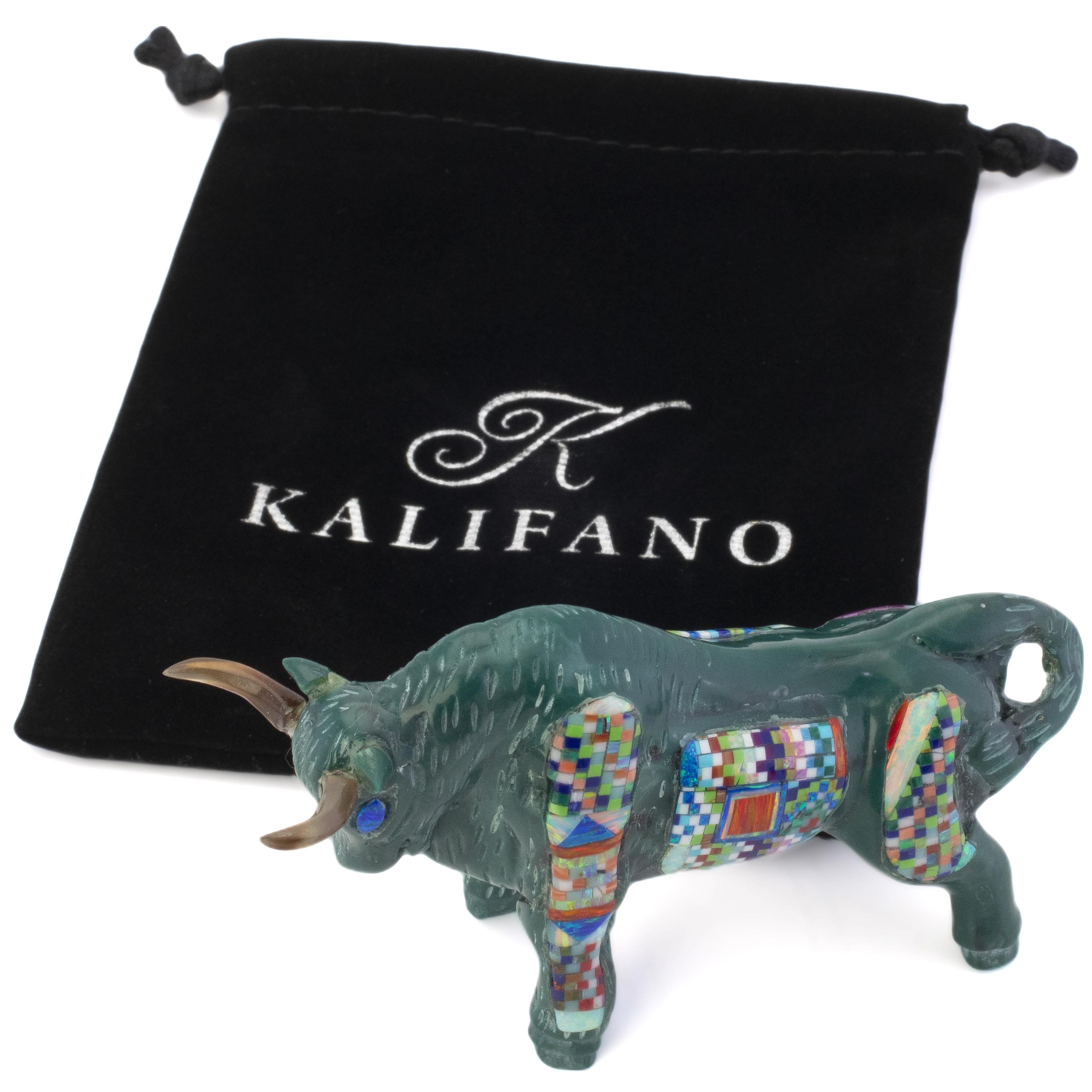 KALIFANO Southwest Silver Jewelry Multi Gem Opal Micro Inlay Handmade Green Enhanced Turquoise Bull Carving AKC800.001