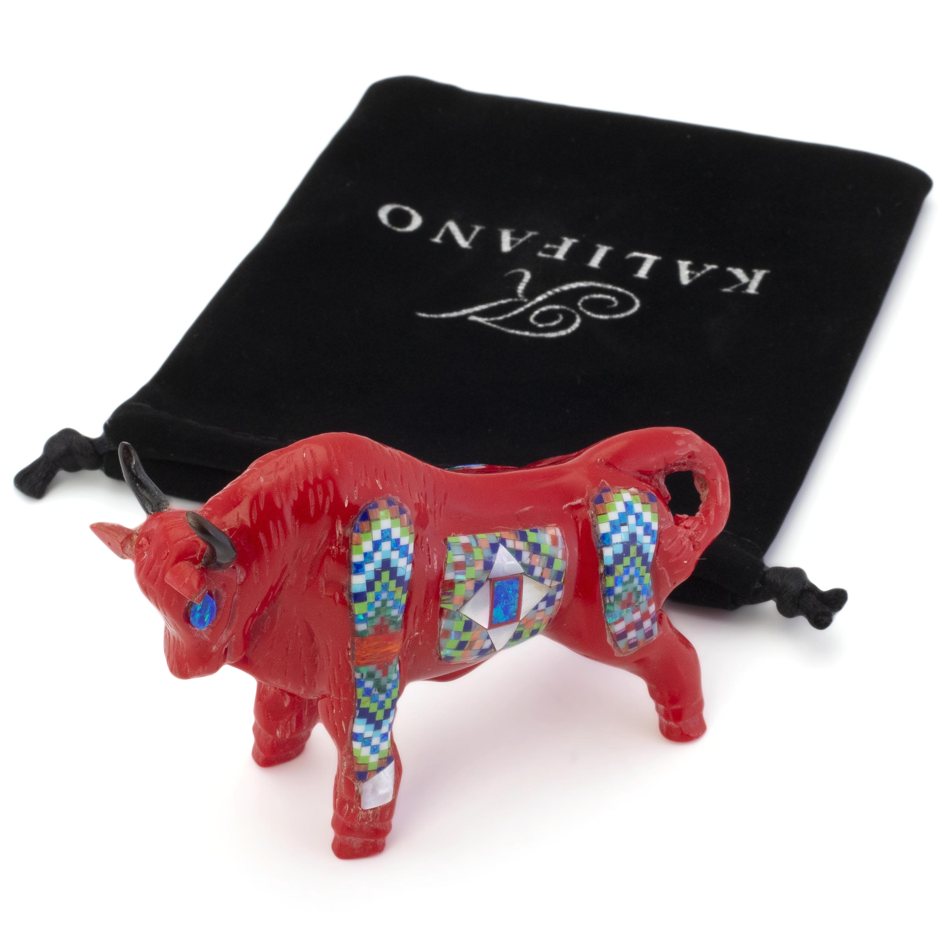 KALIFANO Southwest Silver Jewelry Multi Gem Opal Micro Inlay Handmade Red Sponge Coral Bull Carving AKC800.002