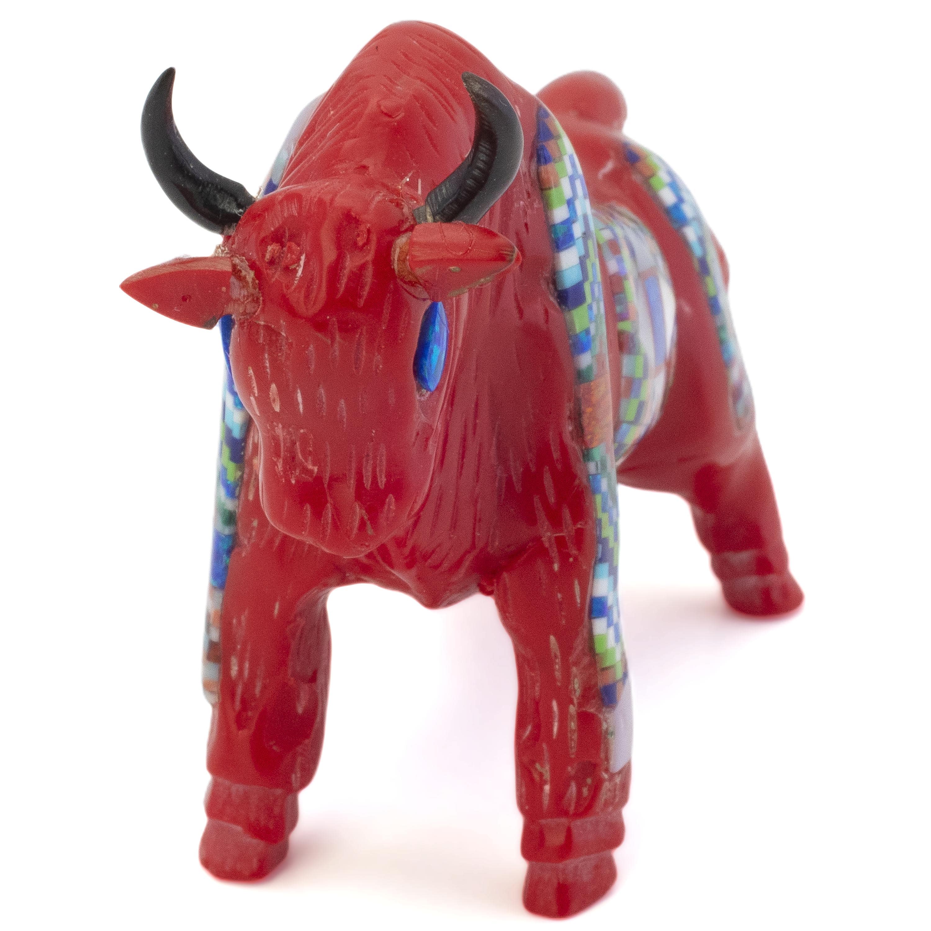 KALIFANO Southwest Silver Jewelry Multi Gem Opal Micro Inlay Handmade Red Sponge Coral Bull Carving AKC800.002