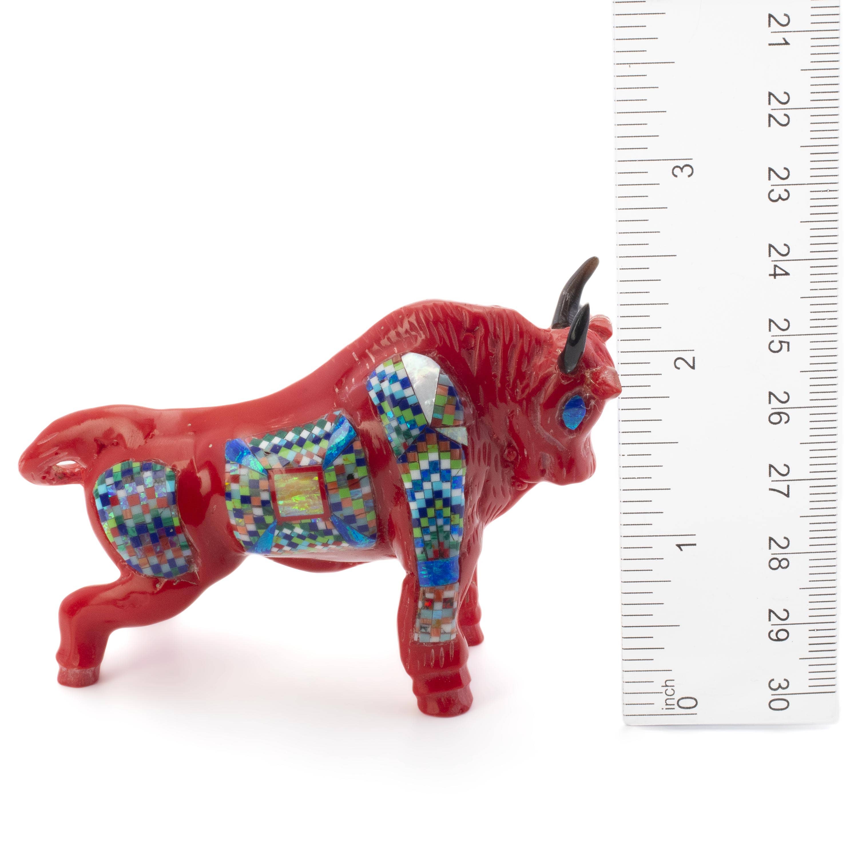 KALIFANO Southwest Silver Jewelry Multi Gem Opal Micro Inlay Handmade Red Sponge Coral Bull Carving AKC800.002