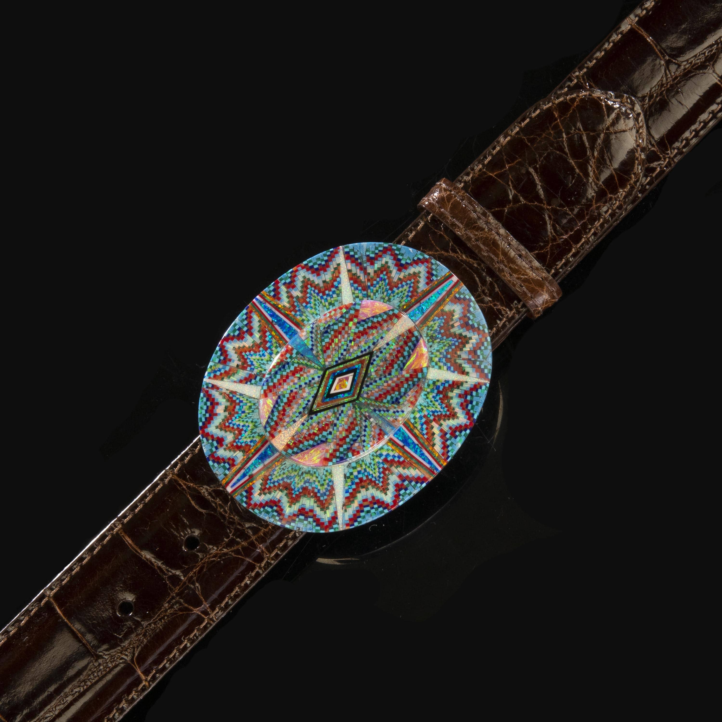 KALIFANO Southwest Silver Jewelry Multi Gem Opal Micro Inlay with Genuine Turquoise and Coral Handmade 925 Sterling Silver Oval Belt Buckle AKBB1800.003