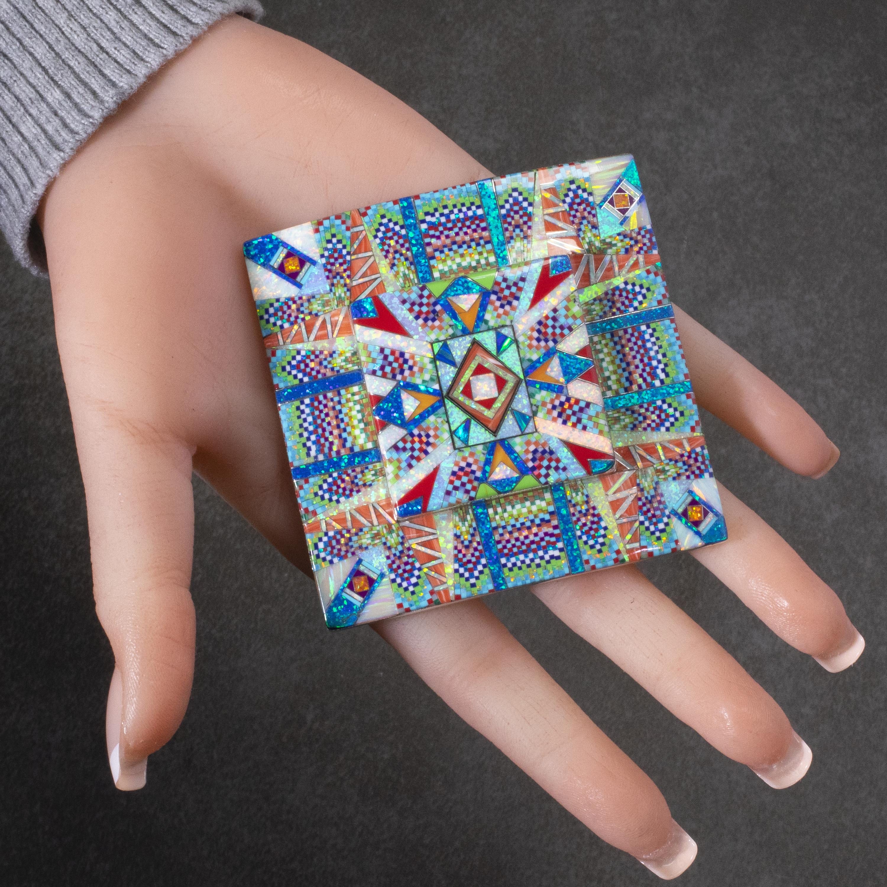 KALIFANO Southwest Silver Jewelry Multi Gem Opal Micro Inlay with Genuine Turquoise and Coral Handmade 925 Sterling Silver Square Belt Buckle AKBB1800.001