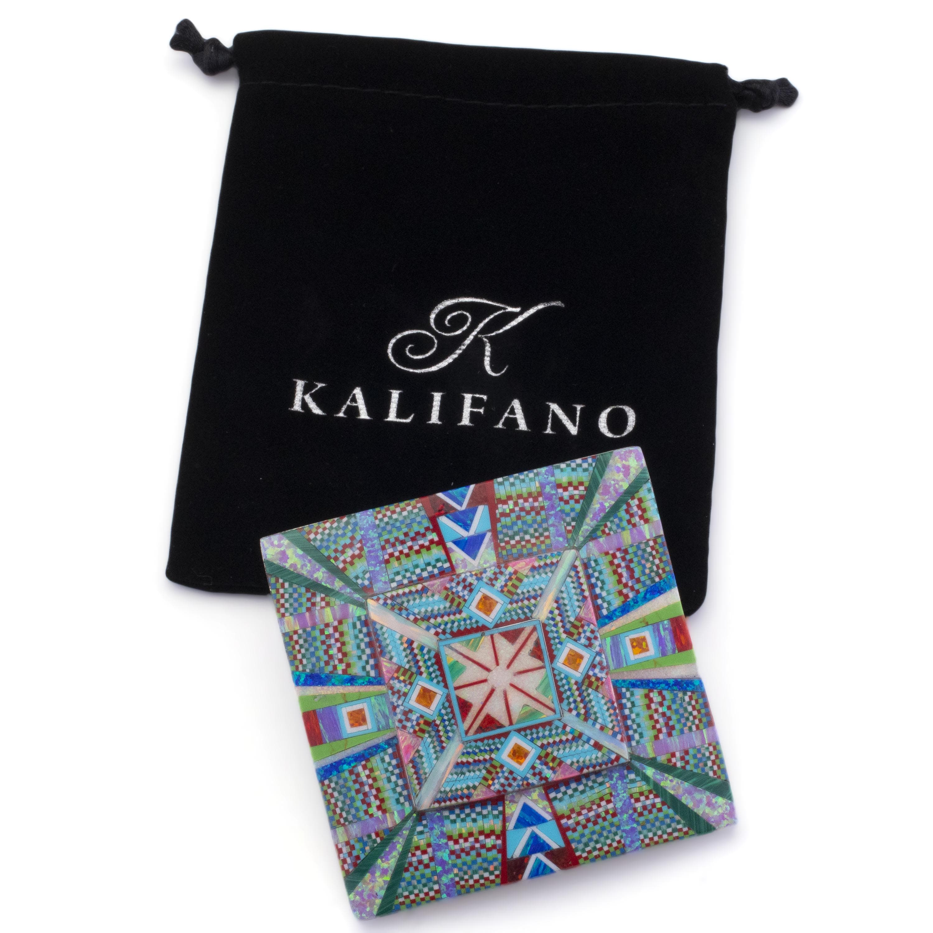 KALIFANO Southwest Silver Jewelry Multi Gem Opal Micro Inlay with Genuine Turquoise and Coral Handmade 925 Sterling Silver Square Belt Buckle AKBB1800.002