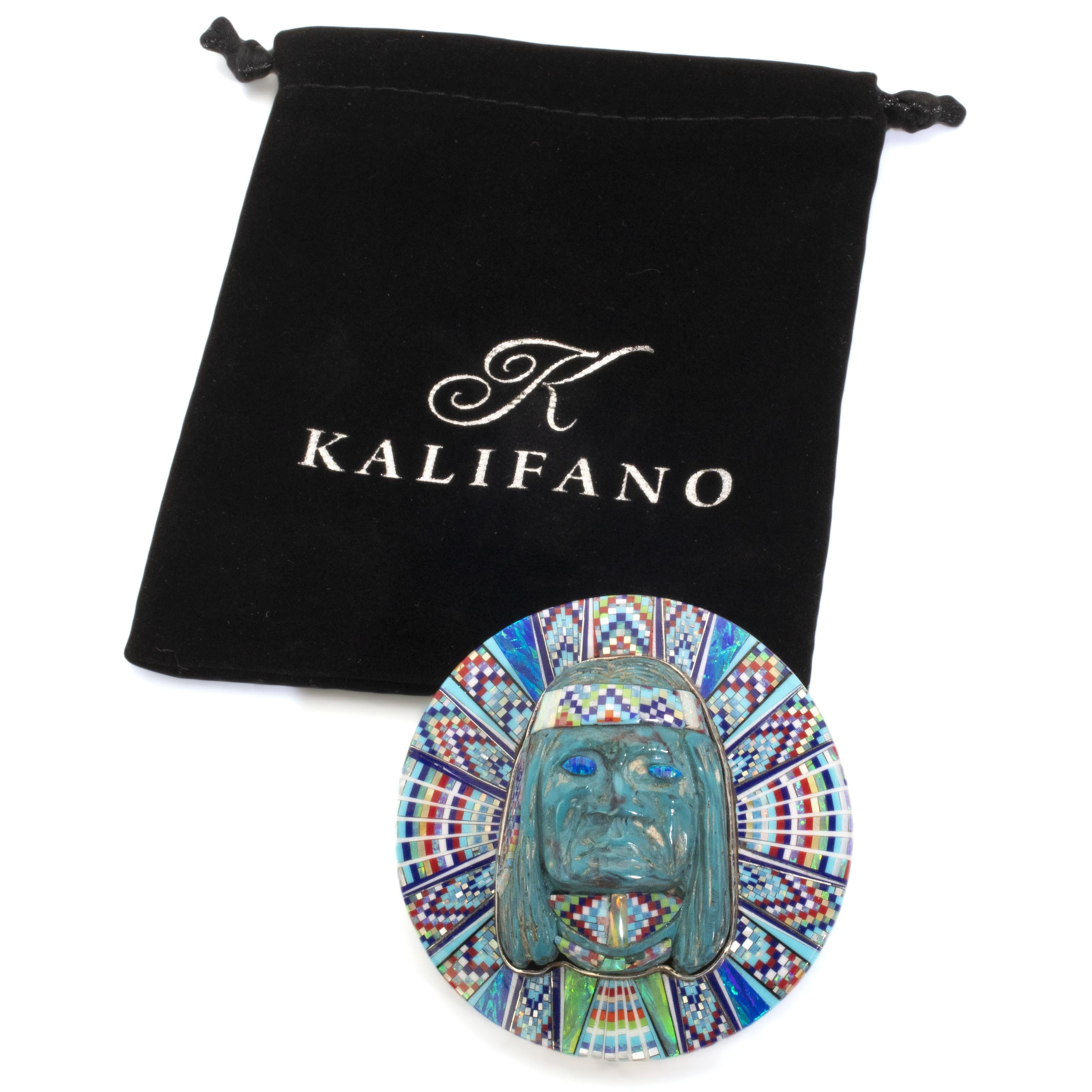KALIFANO Southwest Silver Jewelry Multi Gem Opal Micro Inlay with Genuine Turquoise Indian Chief Handmade 925 Sterling Silver Circular Belt Buckle AKBB2400.003