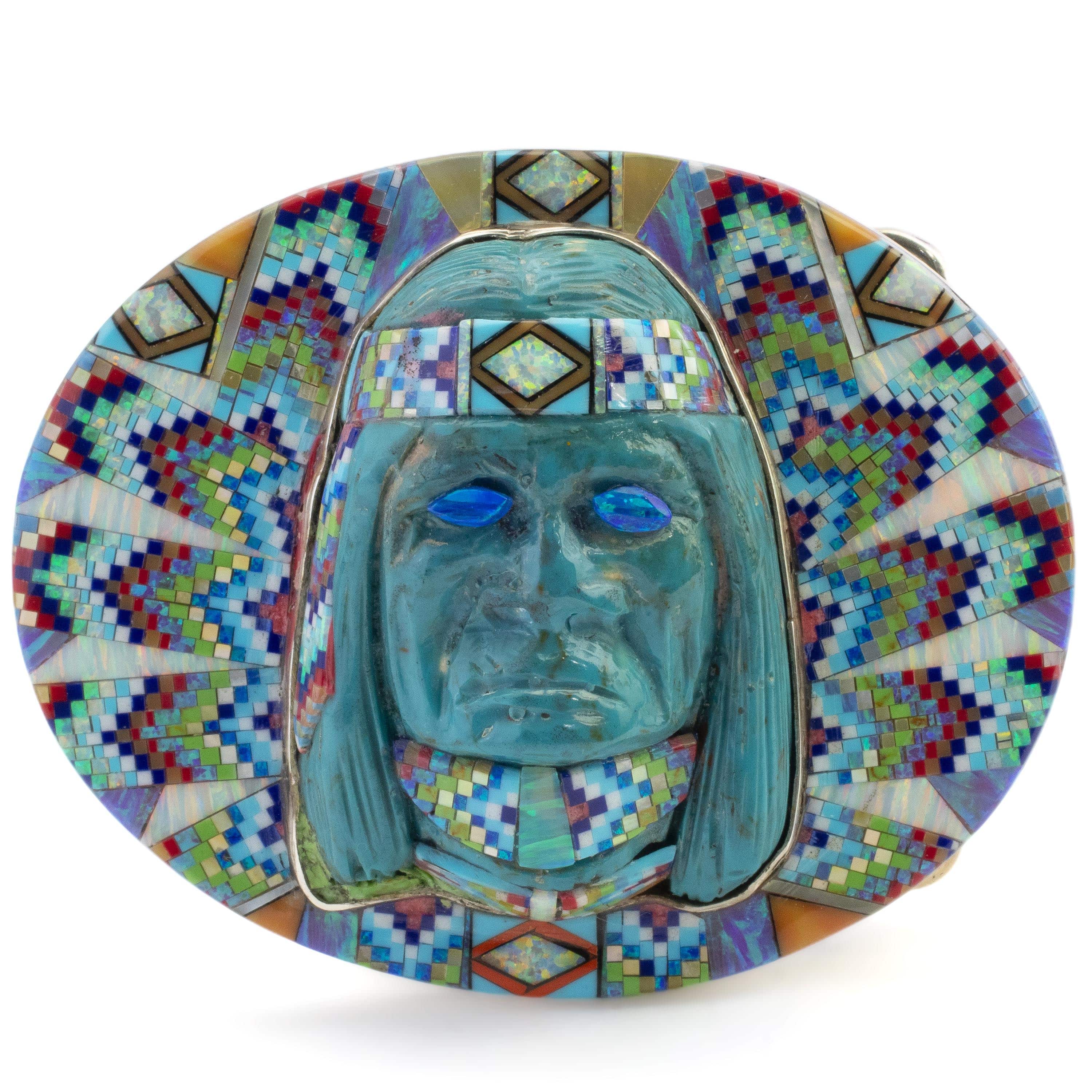 KALIFANO Southwest Silver Jewelry Multi Gem Opal Micro Inlay with Genuine Turquoise Indian Chief Handmade 925 Sterling Silver Oval Belt Buckle AKBB2400.002