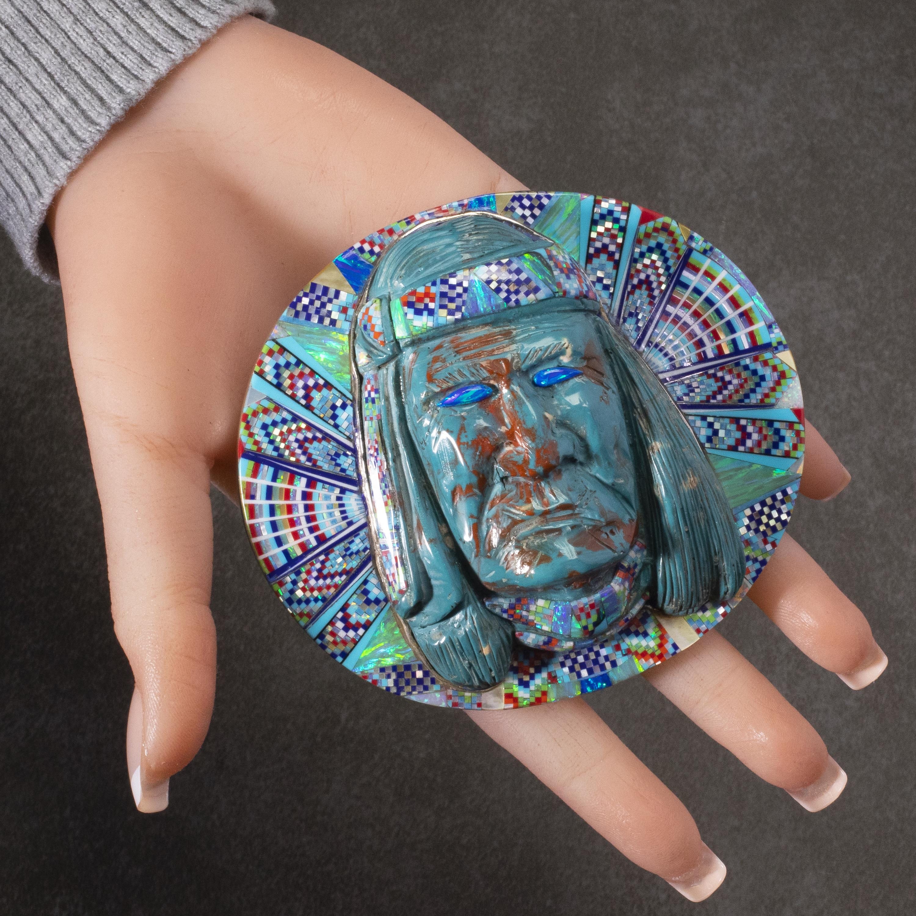 KALIFANO Southwest Silver Jewelry Multi Gem Opal Micro Inlay with Genuine Turquoise Indian Chief Handmade 925 Sterling Silver Oval Belt Buckle AKBB4800.001