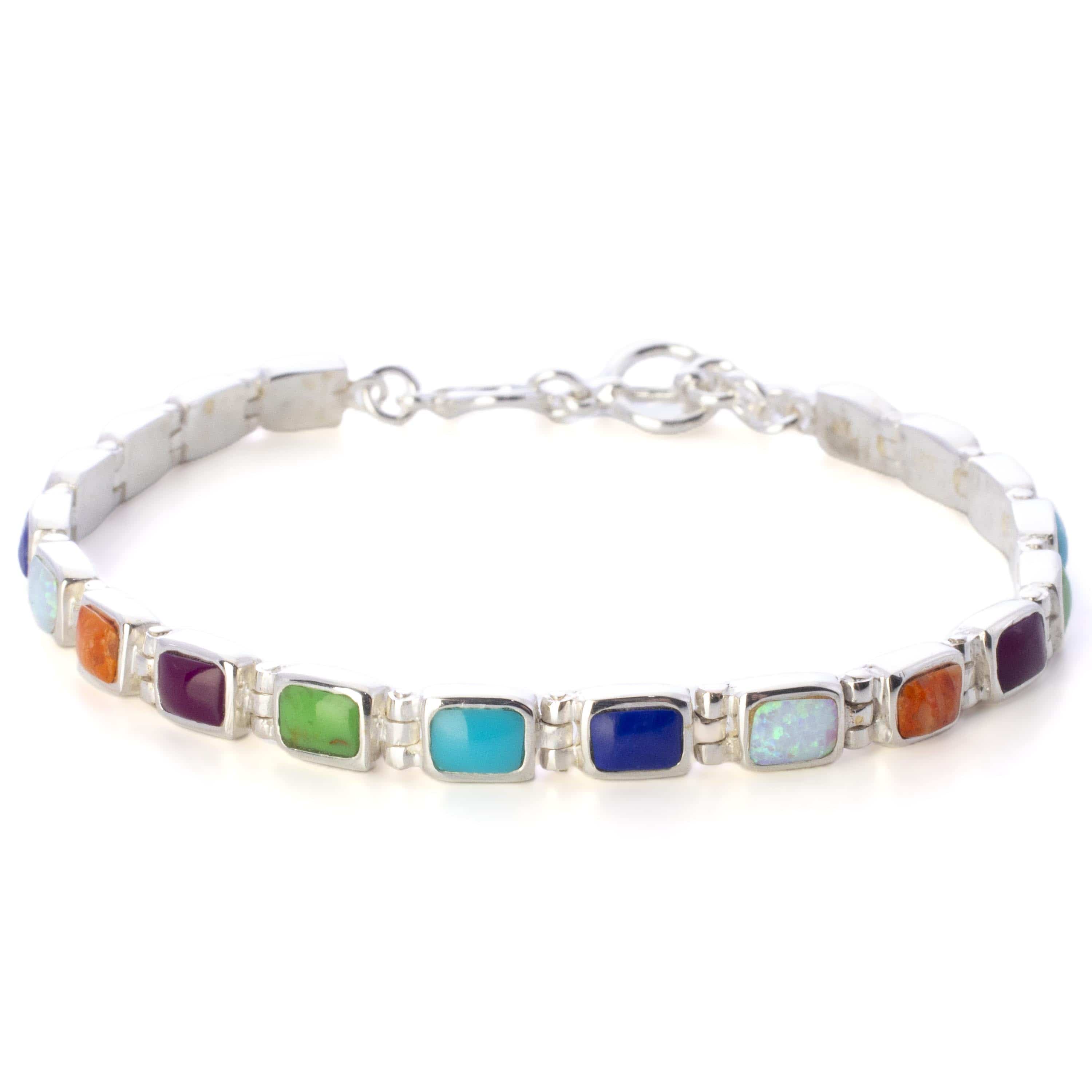 Kalifano Southwest Silver Jewelry Multi Gemstone 925 Sterling Silver Bracelet USA Handmade with Opal Accent NMB.0207.MT