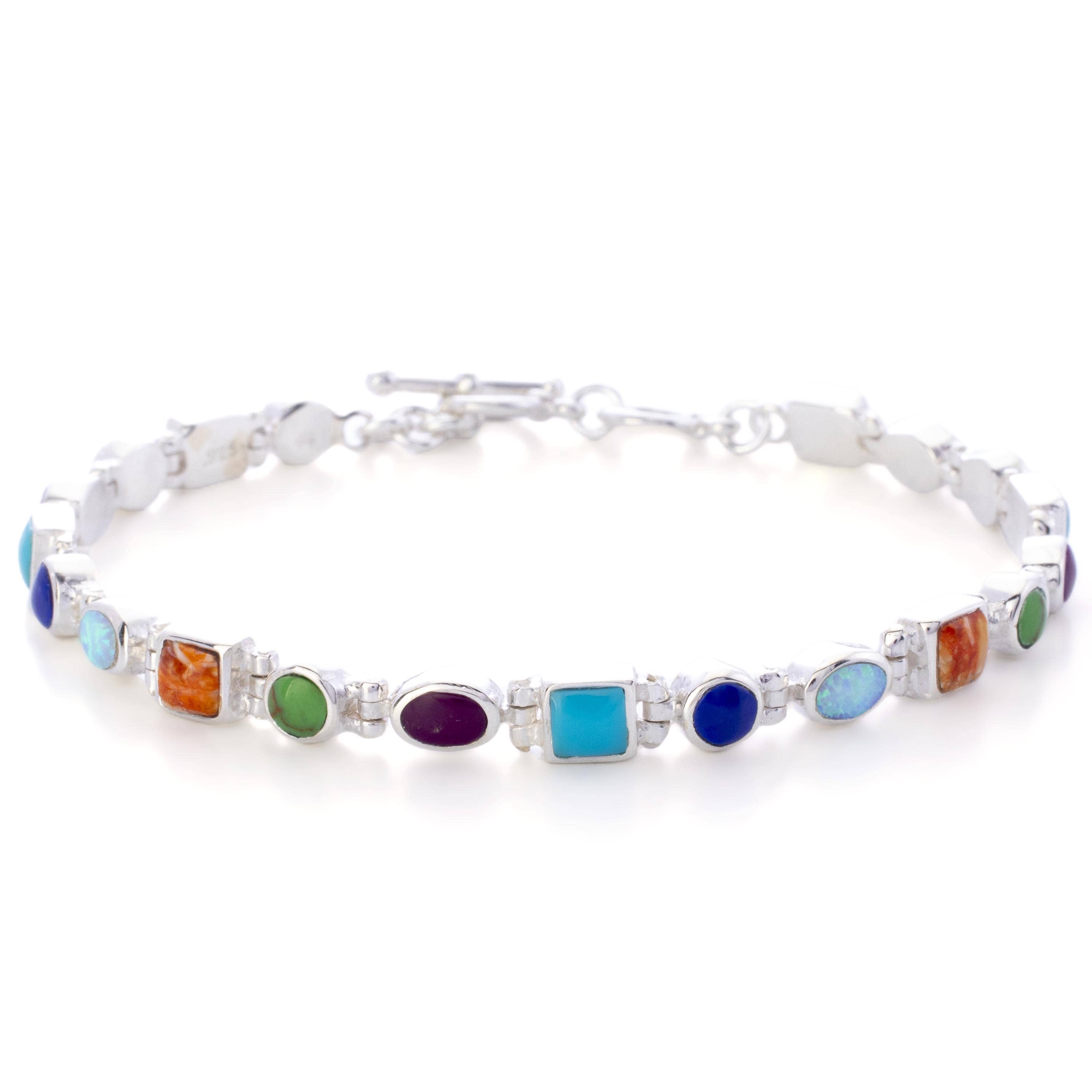 Kalifano Southwest Silver Jewelry Multi Gemstone 925 Sterling Silver Bracelet USA Handmade with Opal Accent NMB.0548.MT