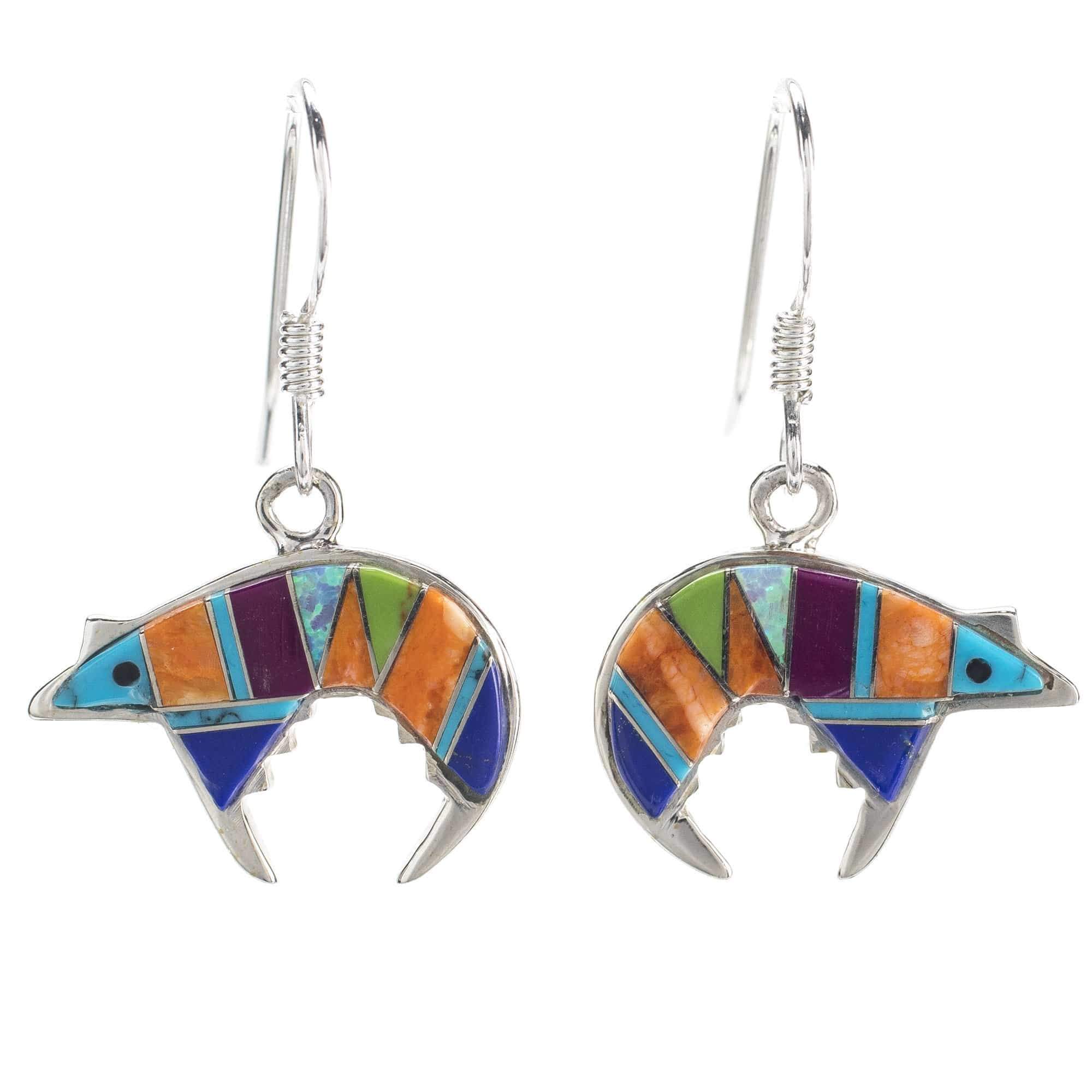 Kalifano Southwest Silver Jewelry Multi Gemstone Bear 925 Sterling Silver Earring with French Hook USA Handmade with Opal Accent NME.0755.MT
