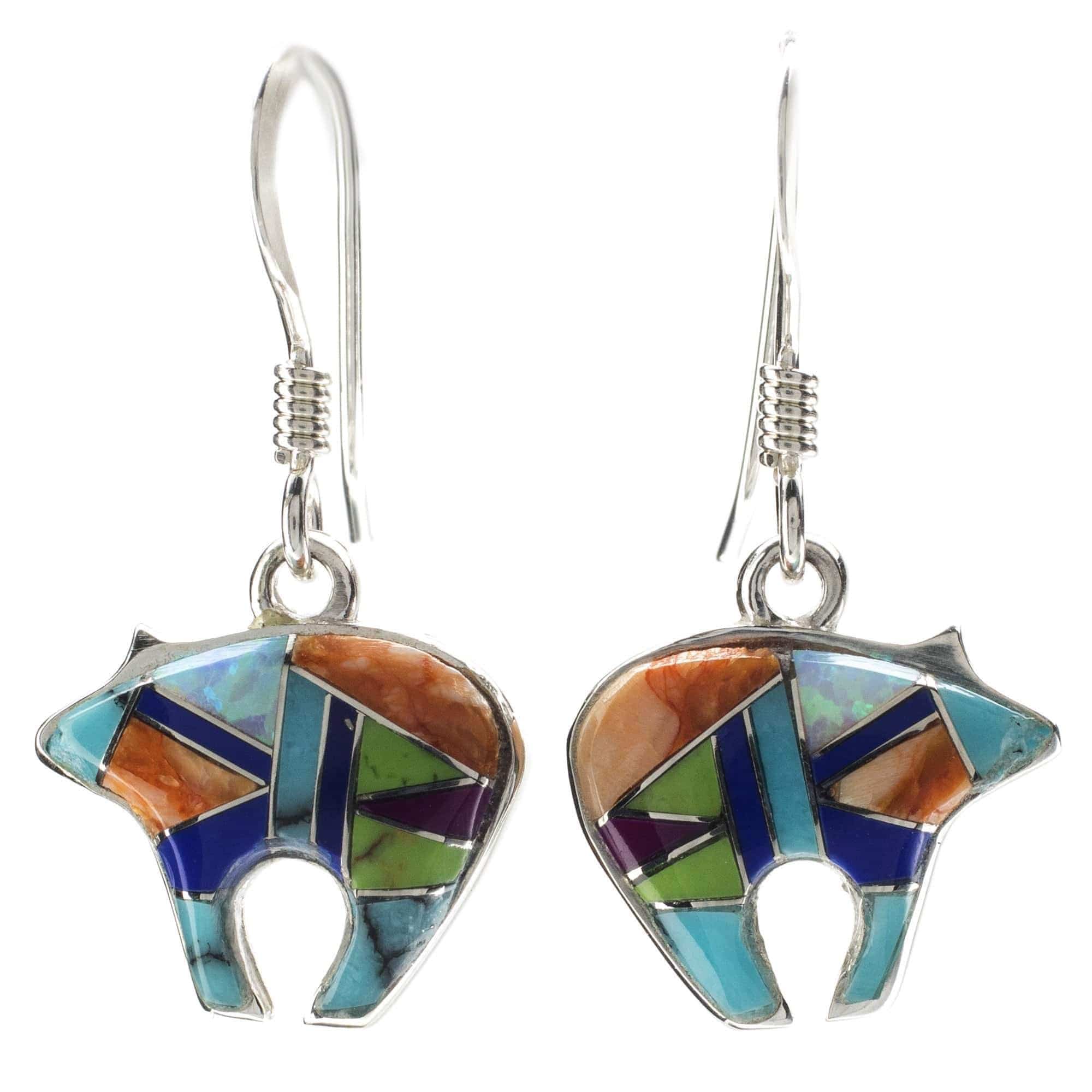 Kalifano Southwest Silver Jewelry Multi Gemstone Bear 925 Sterling Silver Earring with French Hook USA Handmade with Opal Accent NME.2116.MT