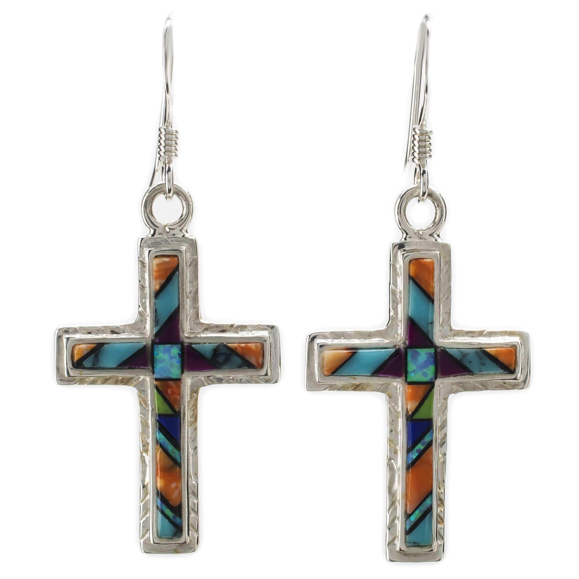 Kalifano Southwest Silver Jewelry Multi Gemstone Cross 925 Sterling Silver Earring with French Hook USA Handmade with Aqua Opal Accent NME.2054.MT
