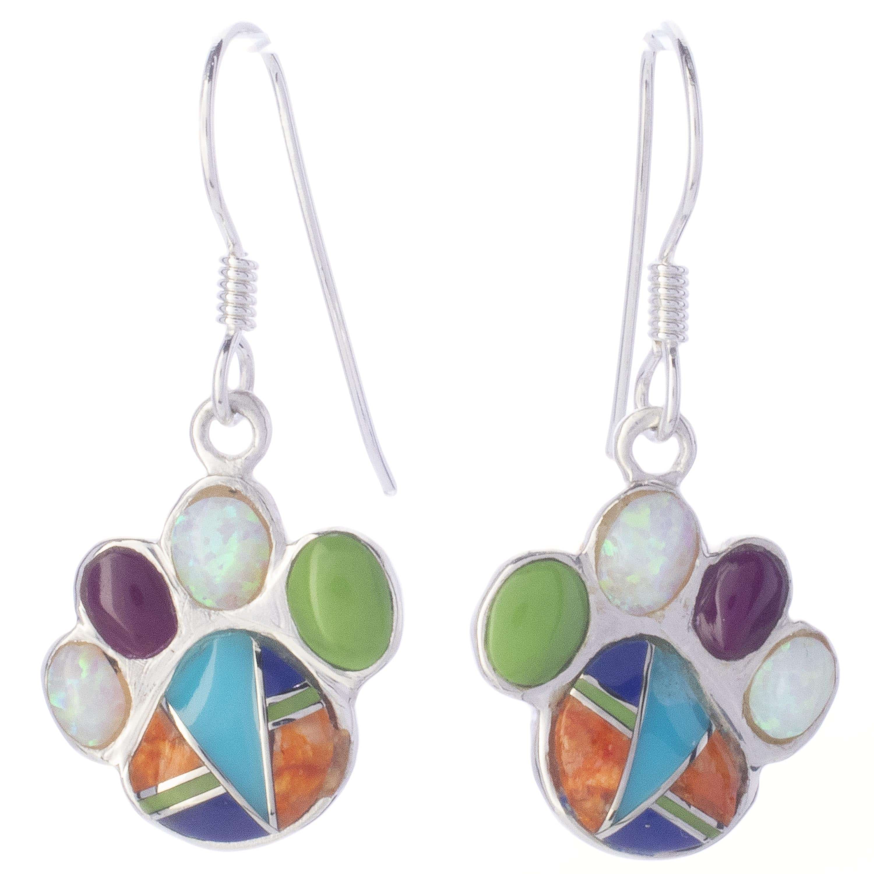 KALIFANO Southwest Silver Jewelry Multi Gemstone Dog Paw Dangle Sterling Silver Earrings with French Hook USA Handmade with Opal Accent NME.2364.MT