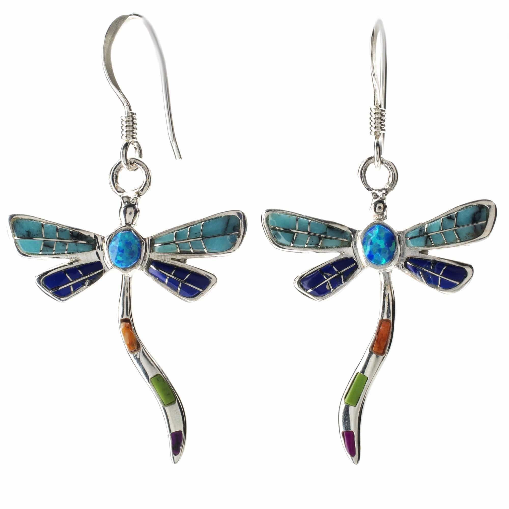 Kalifano Southwest Silver Jewelry Multi-Gemstone Dragonfly 925 Sterling Silver Earring with French Hook USA Handmade with Aqua Opal Accent NME.0893.MT