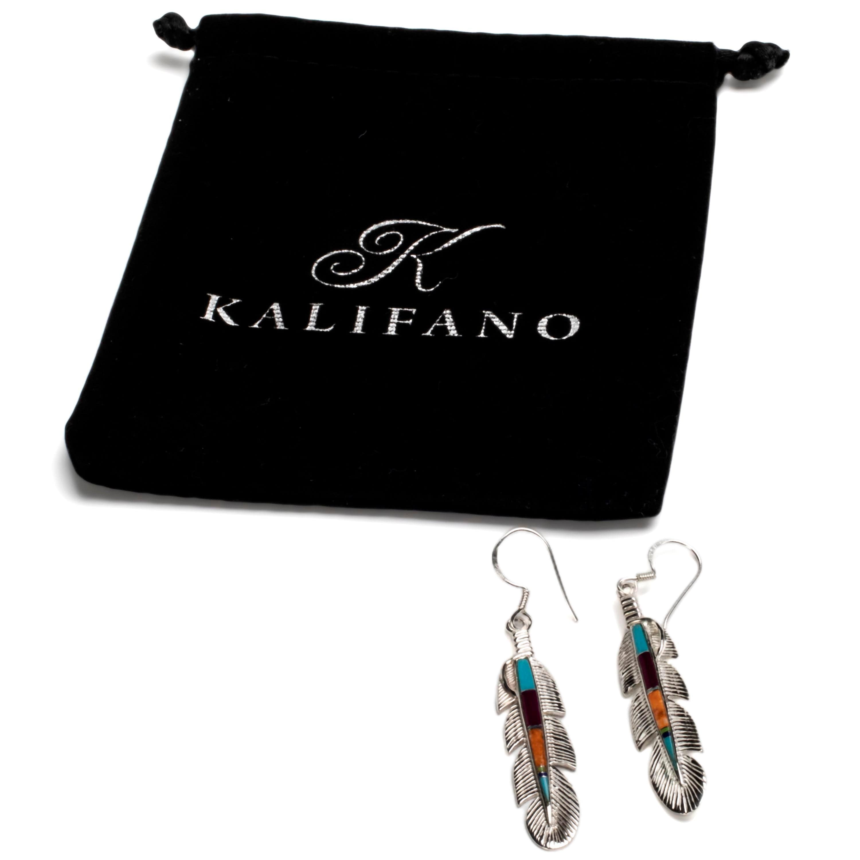 Kalifano Southwest Silver Jewelry Multi Gemstone Feather Earrings Handmade with Sterling Silver and Opal Accent NME.0741.MT
