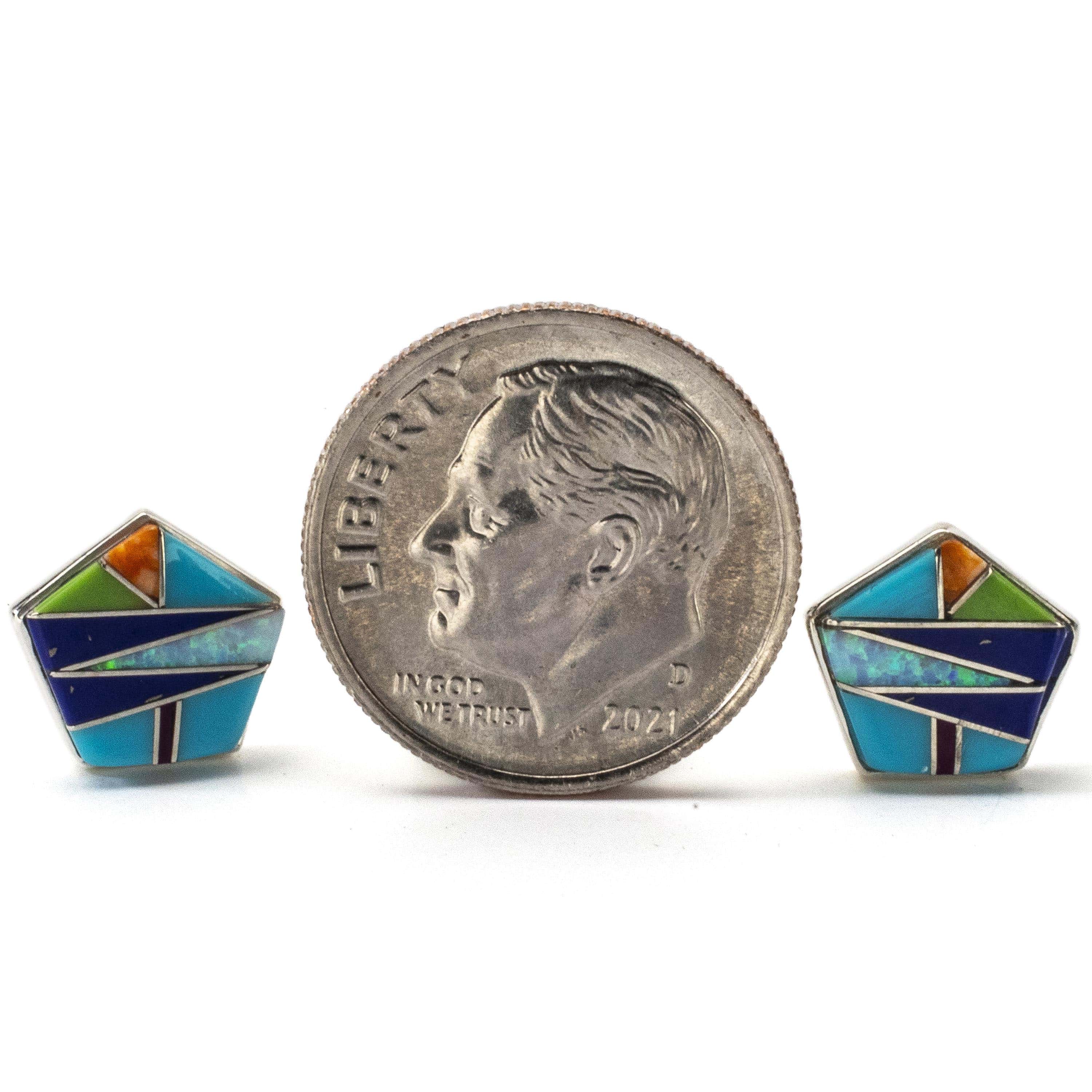 Kalifano Southwest Silver Jewelry Multi Gemstone Hexagon Earrings Handmade with Sterling Silver and Opal Accent NME.2270.MT