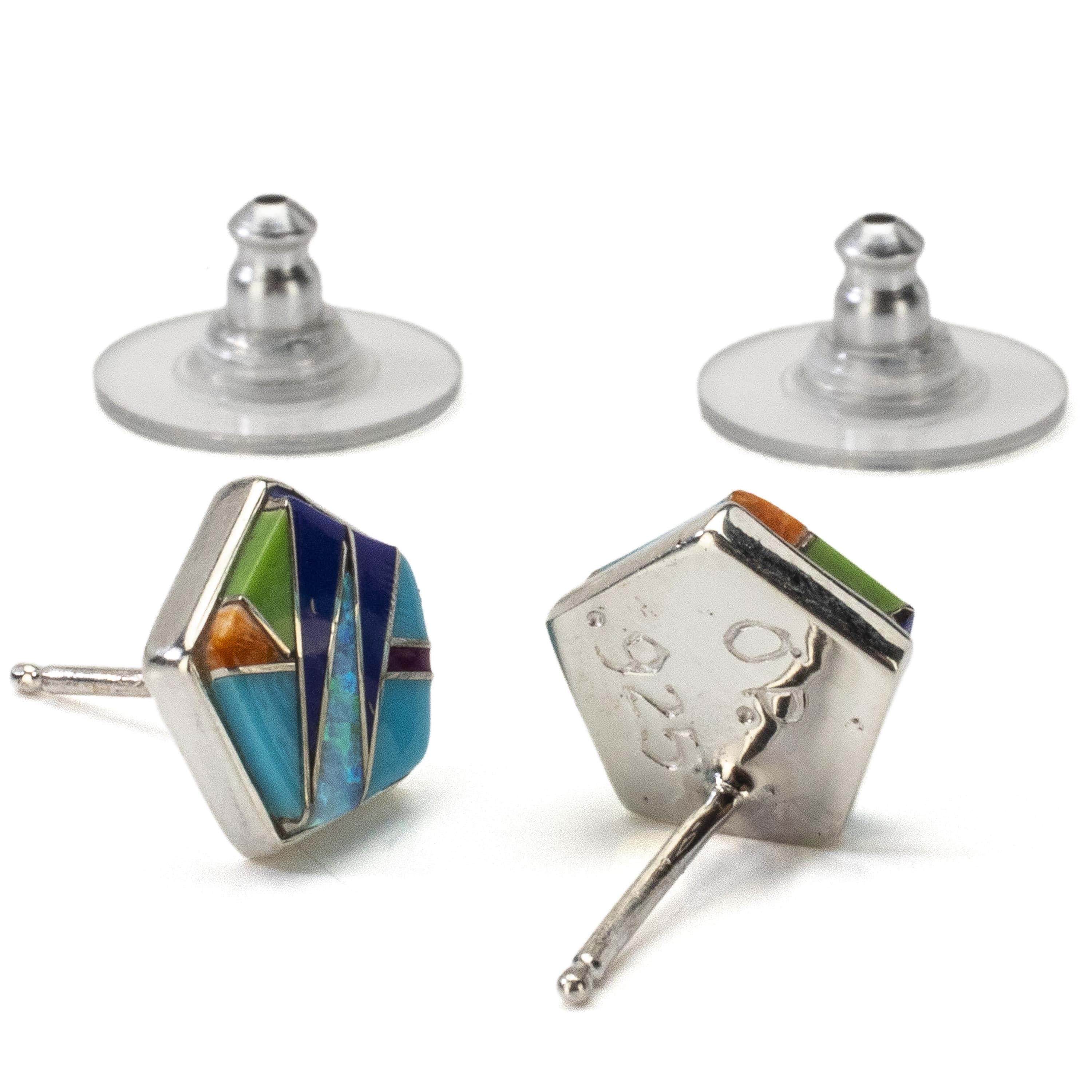 Kalifano Southwest Silver Jewelry Multi Gemstone Hexagon Earrings Handmade with Sterling Silver and Opal Accent NME.2270.MT