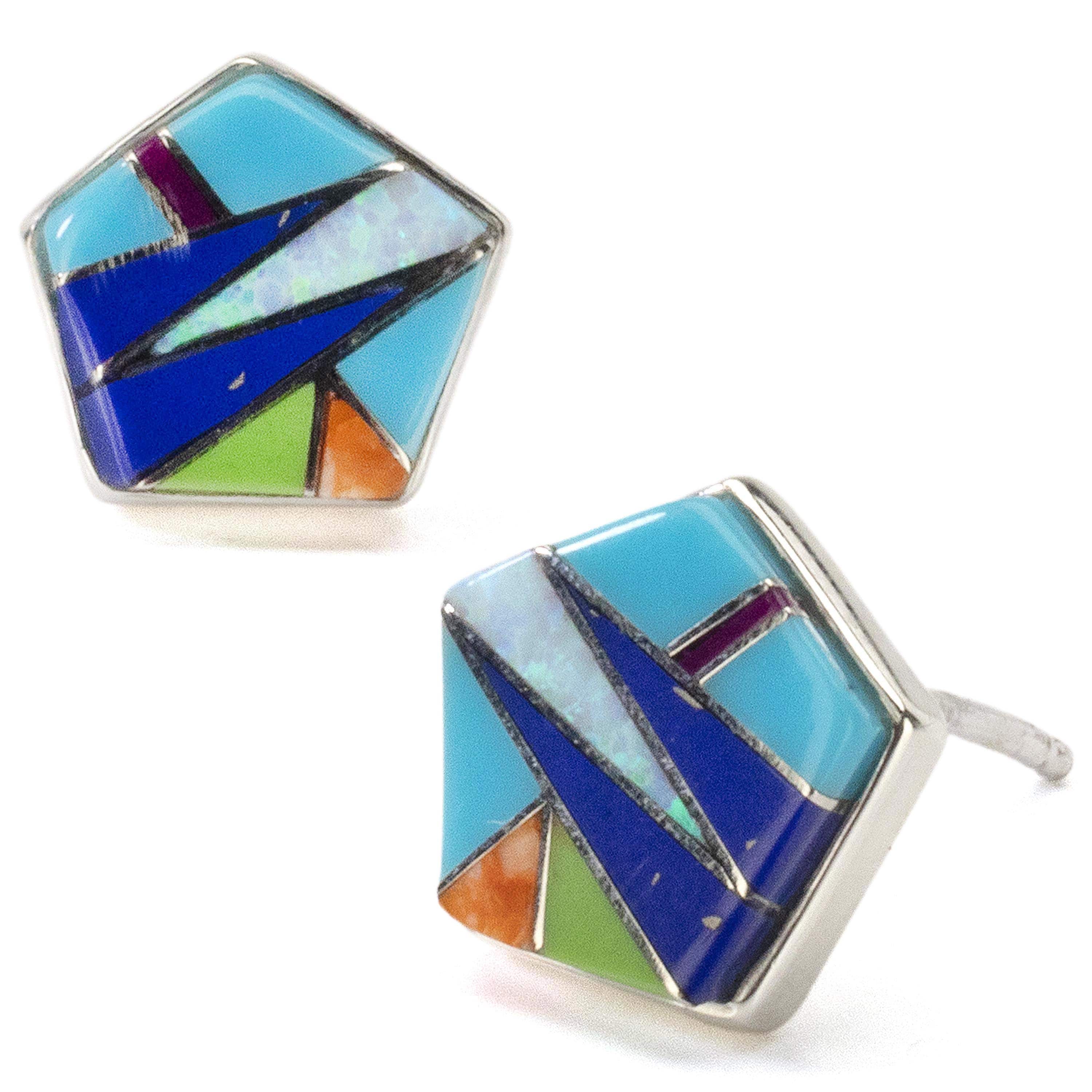 Kalifano Southwest Silver Jewelry Multi Gemstone Hexagon Earrings Handmade with Sterling Silver and Opal Accent NME.2270.MT