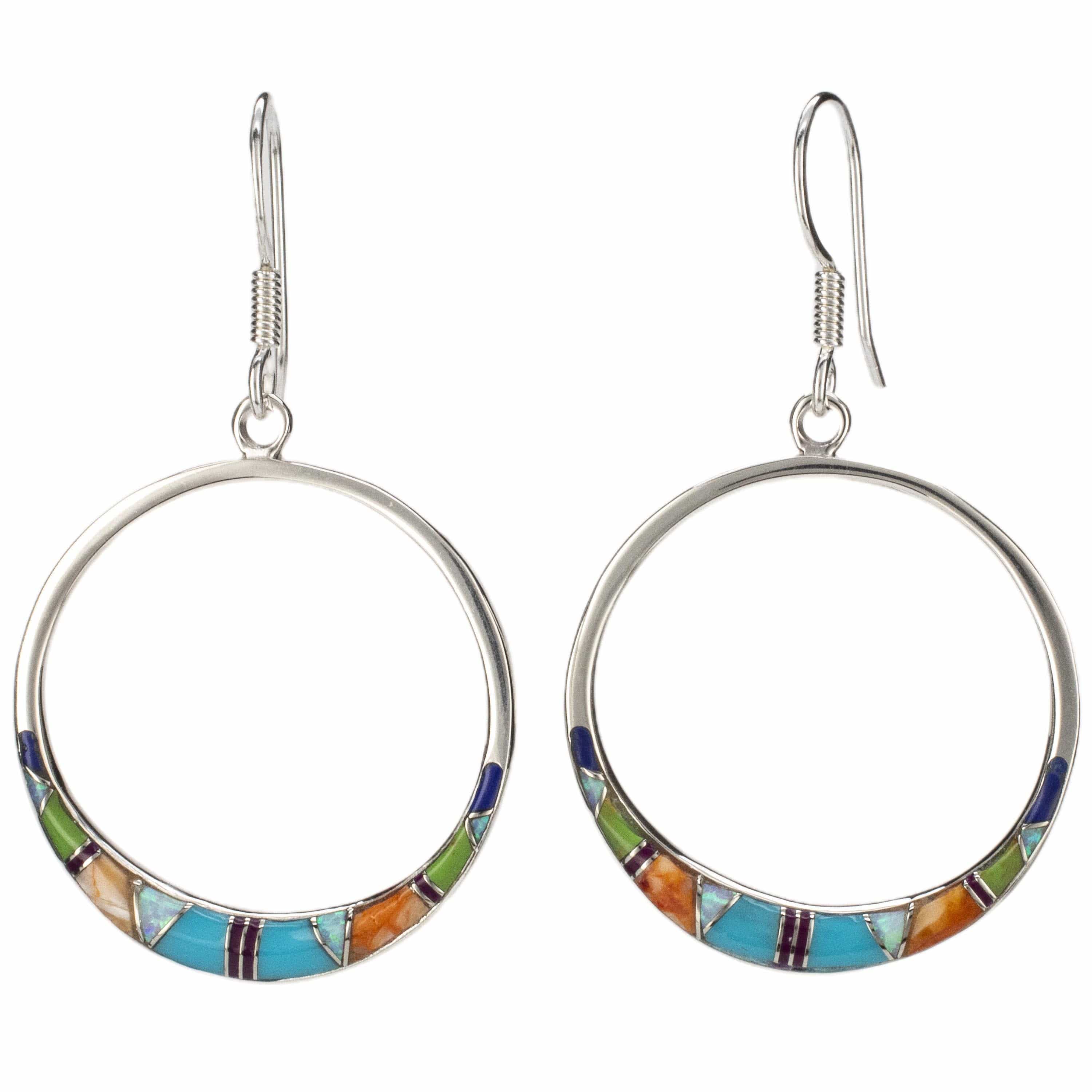 Kalifano Southwest Silver Jewelry Multi Gemstone Hoop Earrings Handmade with Sterling Silver and Opal Accent NME.2314.MT