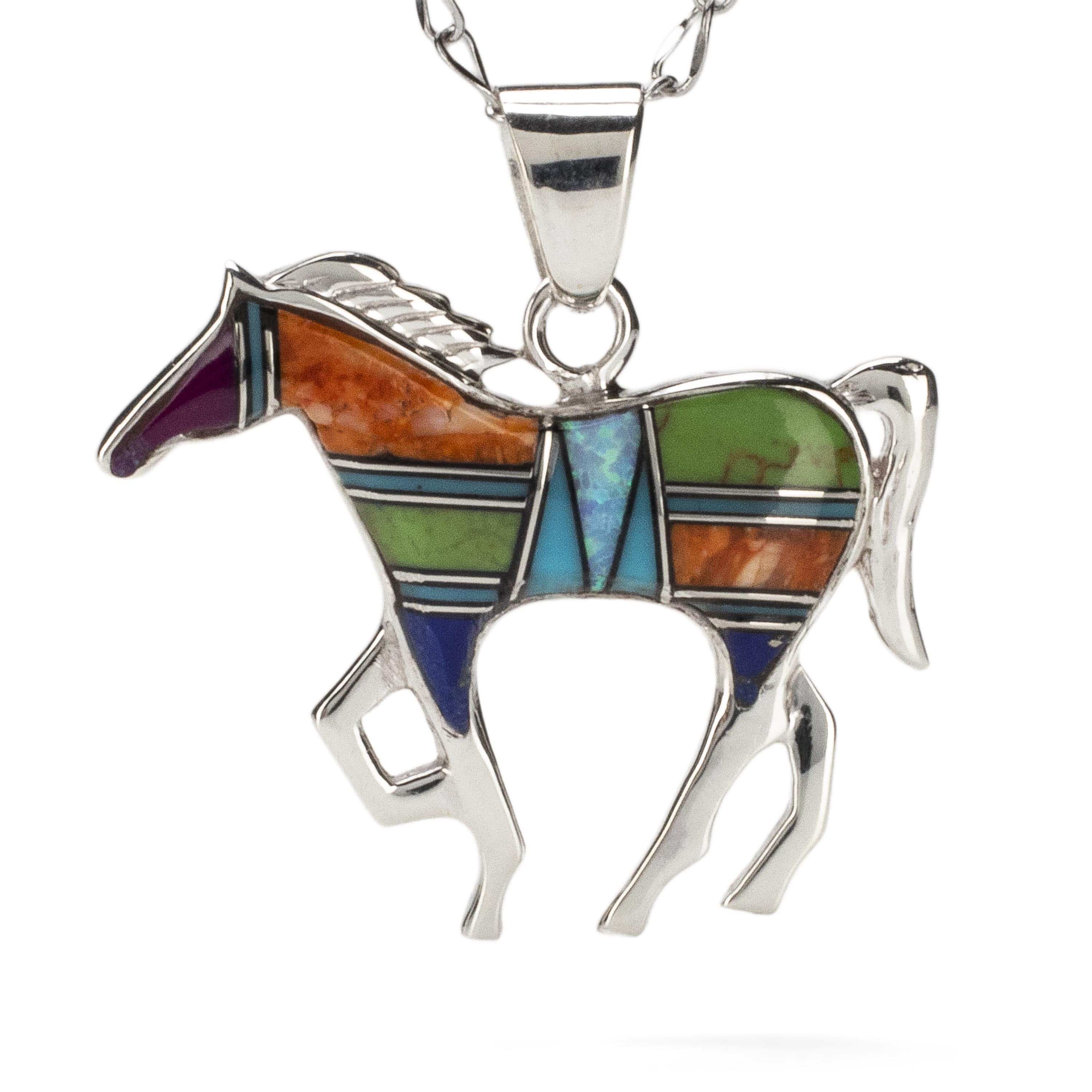 Kalifano Southwest Silver Jewelry Multi Gemstone Horse Handmade with Sterling Silver Pendant and Opal Accent NMN.1089.MT