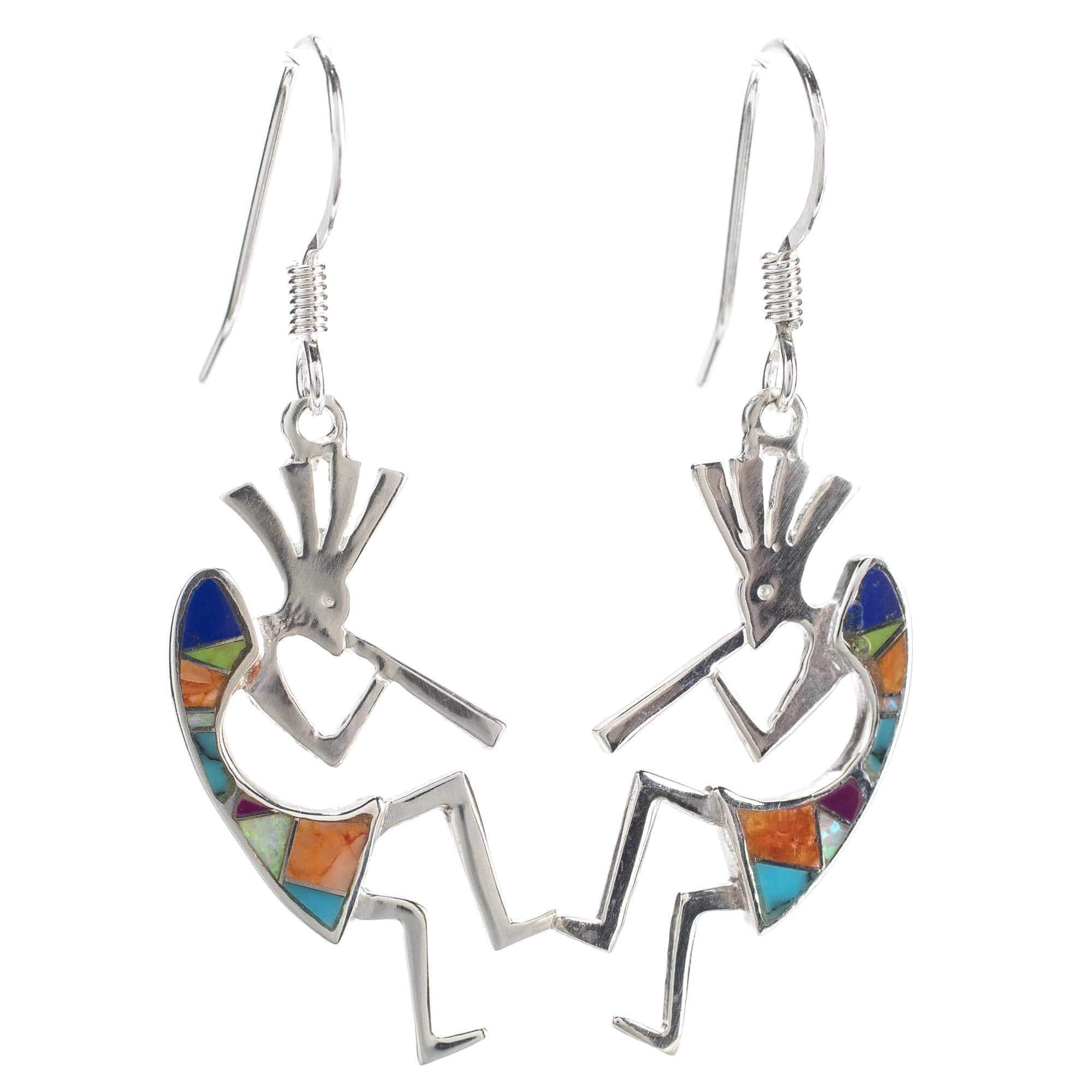 Kalifano Southwest Silver Jewelry Multi Gemstone Kokopelli 925 Sterling Silver Earring with French Hook USA Handmade with Aqua Opal Accent NME.2155.MT