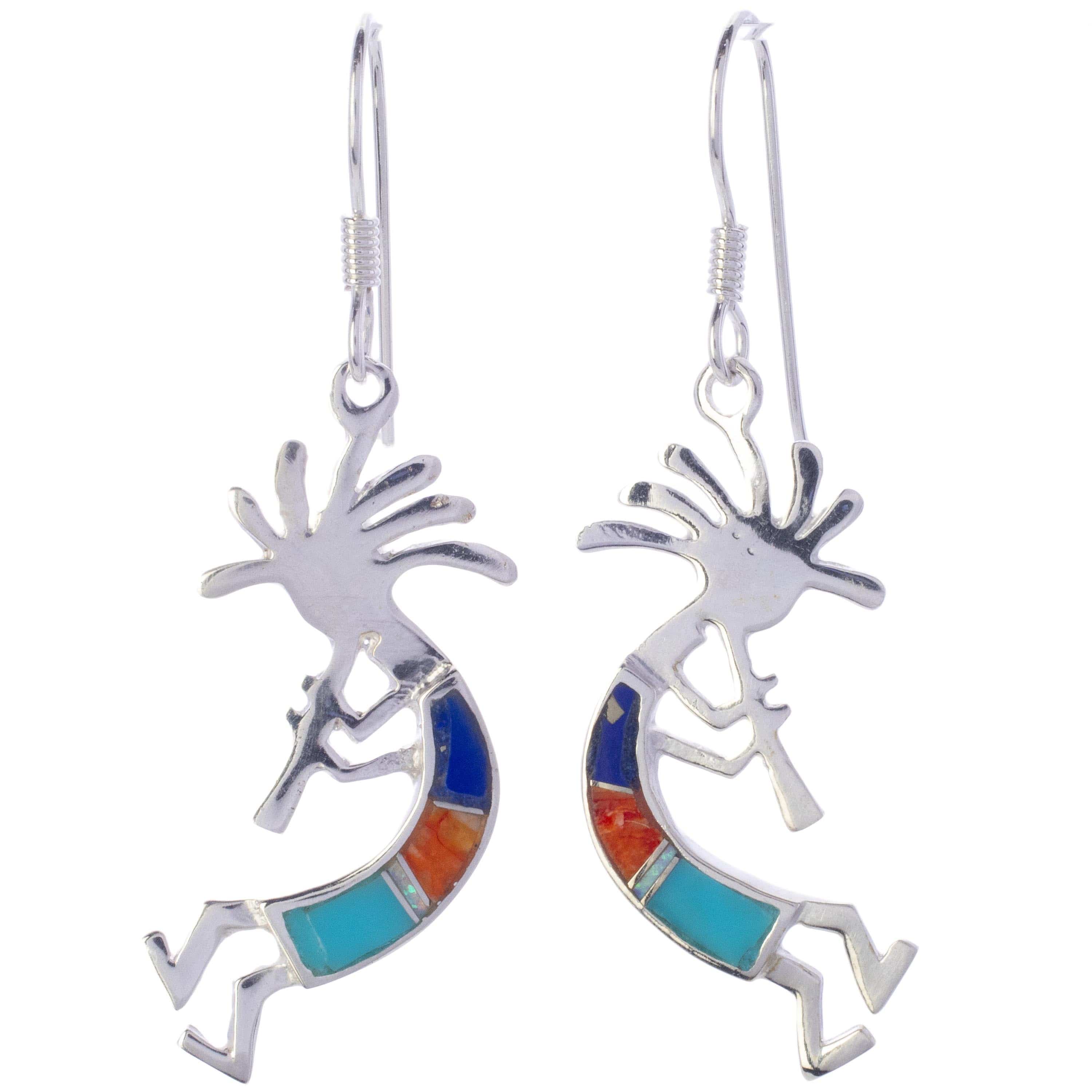 KALIFANO Southwest Silver Jewelry Multi Gemstone Kokopelli Sterling Silver Earrings with French Hook USA Handmade with Opal Accent NME.2150.MT
