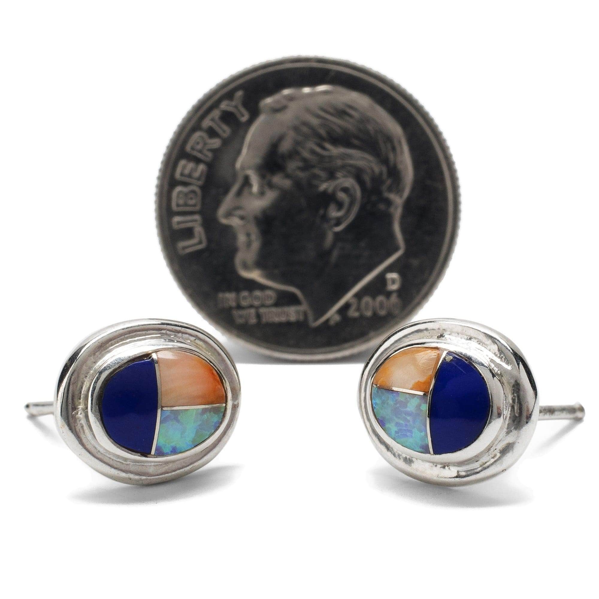 Kalifano Southwest Silver Jewelry Multi Gemstone Oval 925 Sterling Silver Earring with Stud Backing USA Handmade with Opal Accent NME.0381.MT