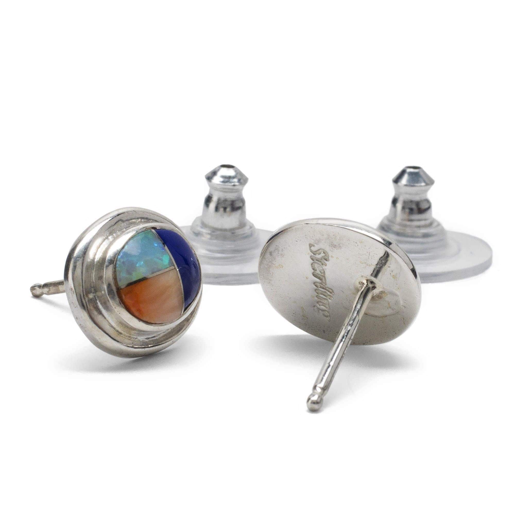 Kalifano Southwest Silver Jewelry Multi Gemstone Oval 925 Sterling Silver Earring with Stud Backing USA Handmade with Opal Accent NME.0381.MT