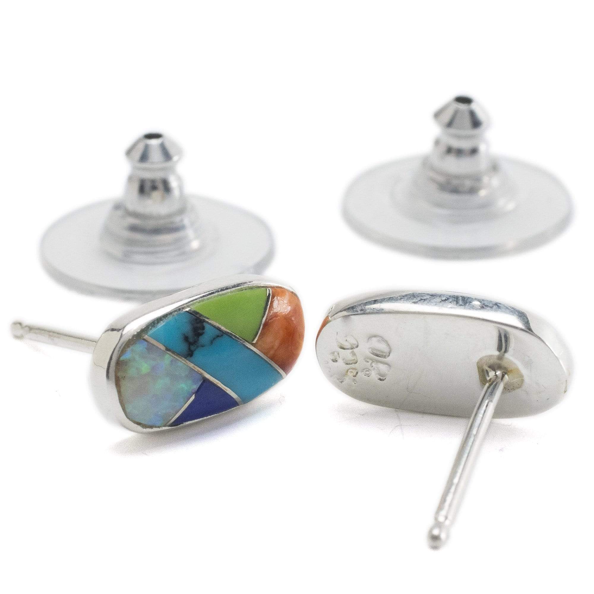 Kalifano Southwest Silver Jewelry Multi Gemstone Oval 925 Sterling Silver Earring with Stud Backing USA Handmade with Opal Accent NME.2238.MT
