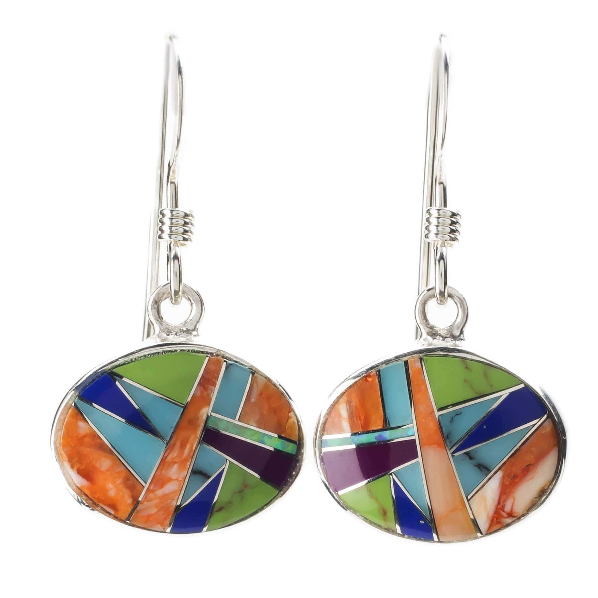 Kalifano Southwest Silver Jewelry Multi Gemstone Oval Dangle 925 Sterling Silver Earring USA Handmade NME.2015.MT