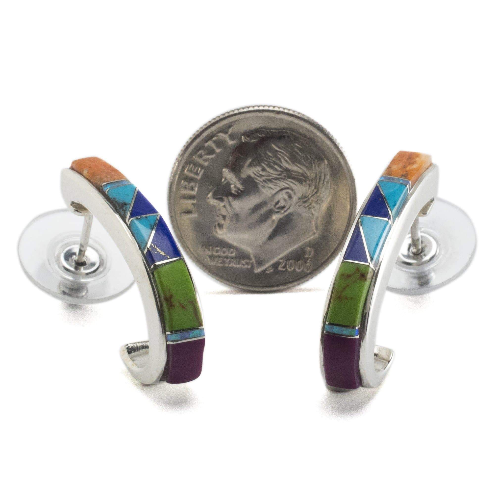 Kalifano Southwest Silver Jewelry Multi Gemstone Semi Hoop 925 Sterling Silver Earring with Stud Backing USA Handmade with Opal Accent NME.0616.MT